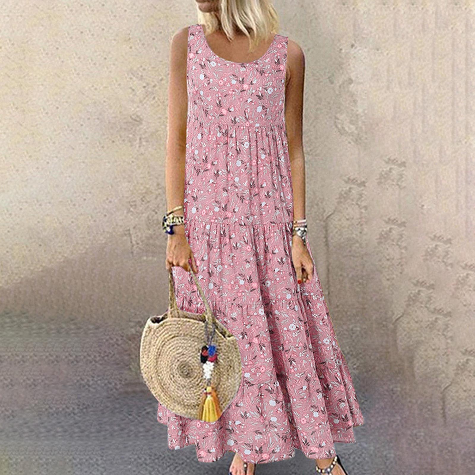 **Women's Plus Size Floral Linen Maxi Dress - Casual Sleeveless Long Dress for Daily Wear, Cocktail Party, Work, Evening Gowns & Holiday Events (UK Size) | Perfect for Summer, Halloween & Christmas**