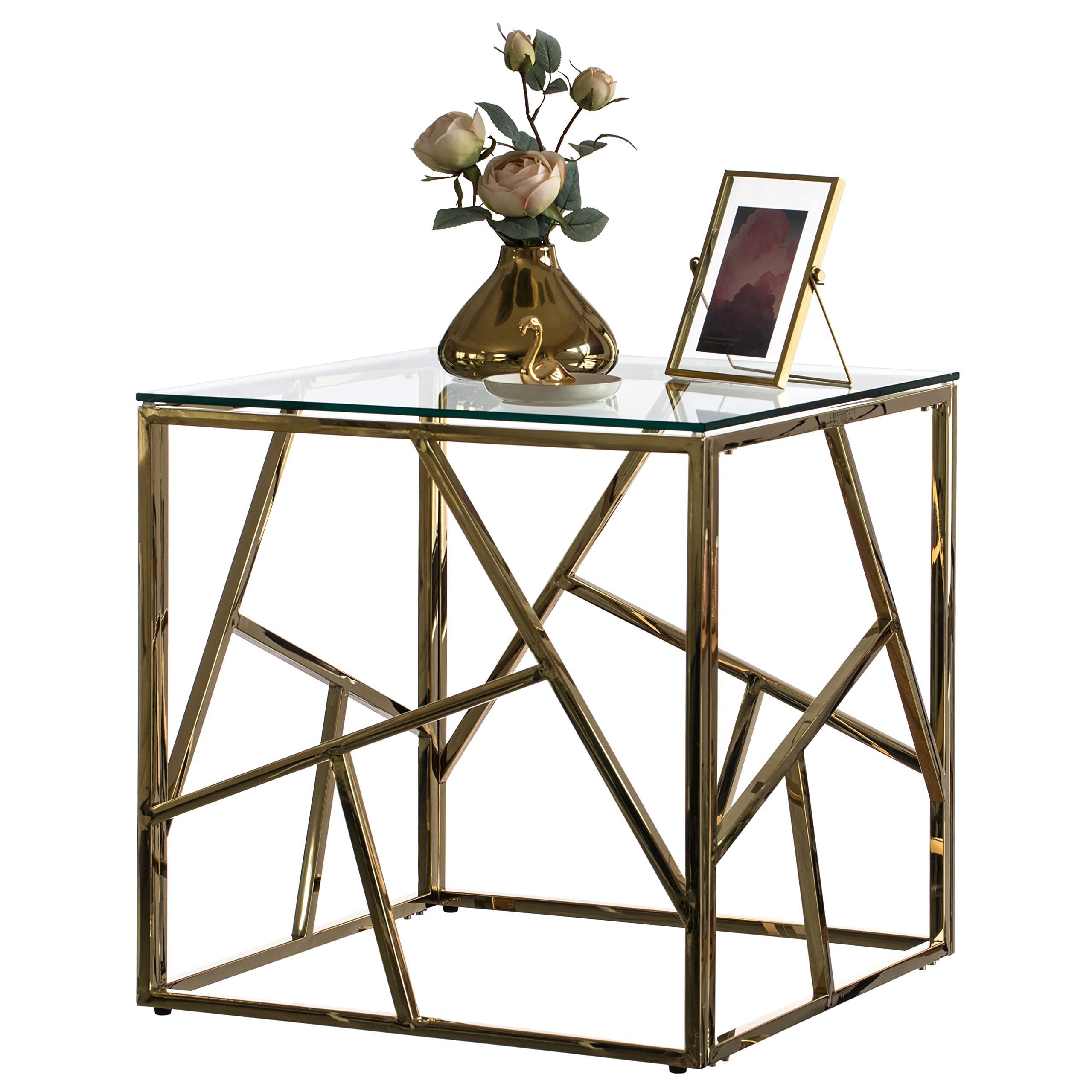 Modern Square End Side Table with Tempered Glass Top & Gold Metal Frame - Stylish Living Room Coffee Table for Home Decor, Office Lounge or Bedroom Accent