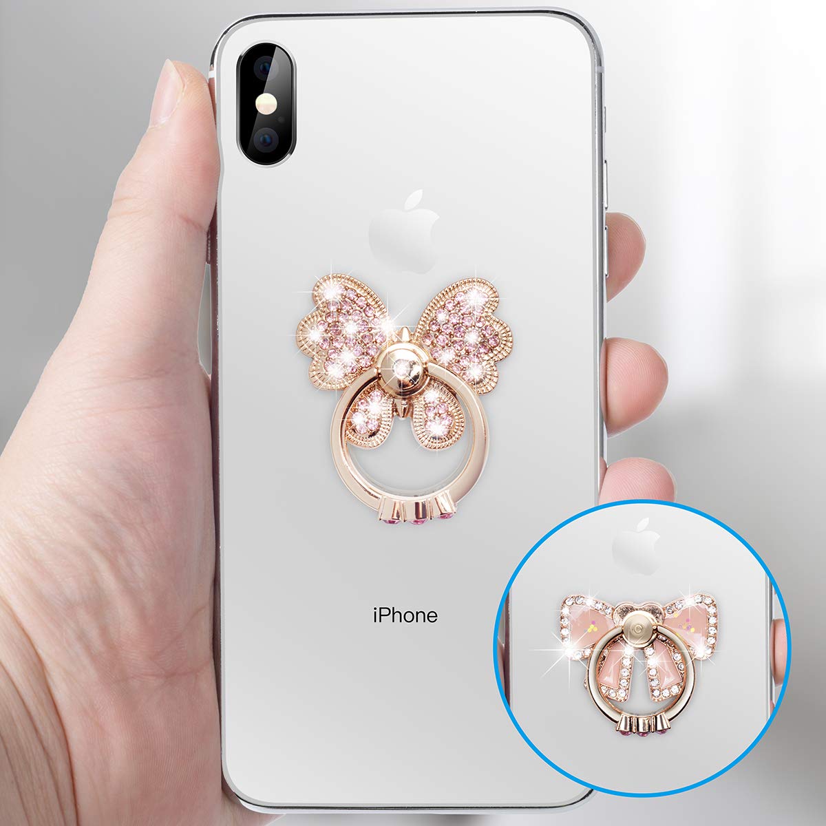 Luxury Glitter Diamond Metal Pop Socket & Finger Ring Stand - 2 Pack Universal Phone Grip Holder for iPhone 15/14/13/12/11 Pro Max, Galaxy S24/S23/S22 Ultra - Pink Bow Design for Secure Phone Handling While Driving, Taking Selfies & Video Calls