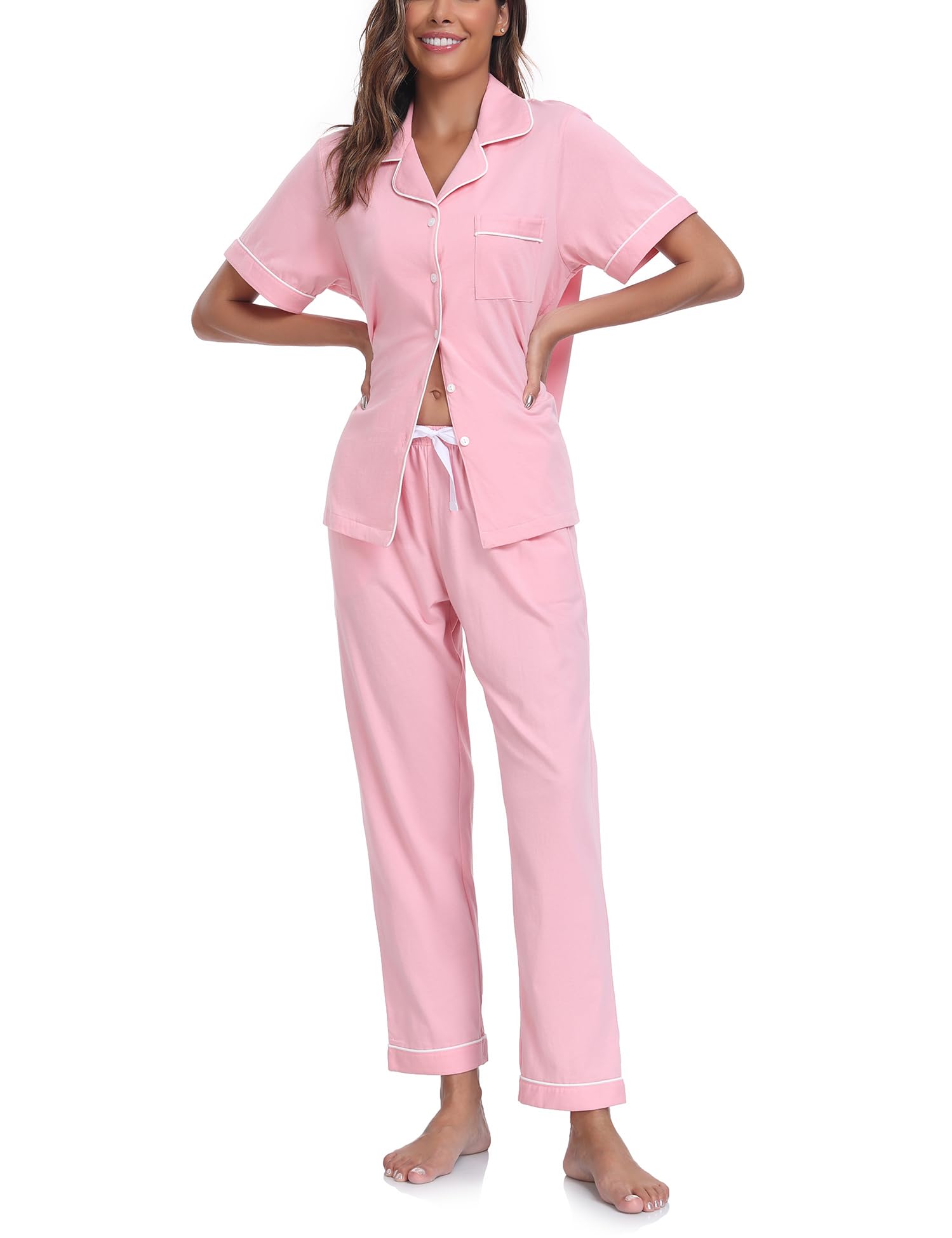 COLORFULLEAF Women's 100% Cotton Pajama Set - Button Down Short Sleeve Sleep Shirt & Lounge Pants - Soft Breathable Ladies Nightwear for Home, Travel & Relaxation