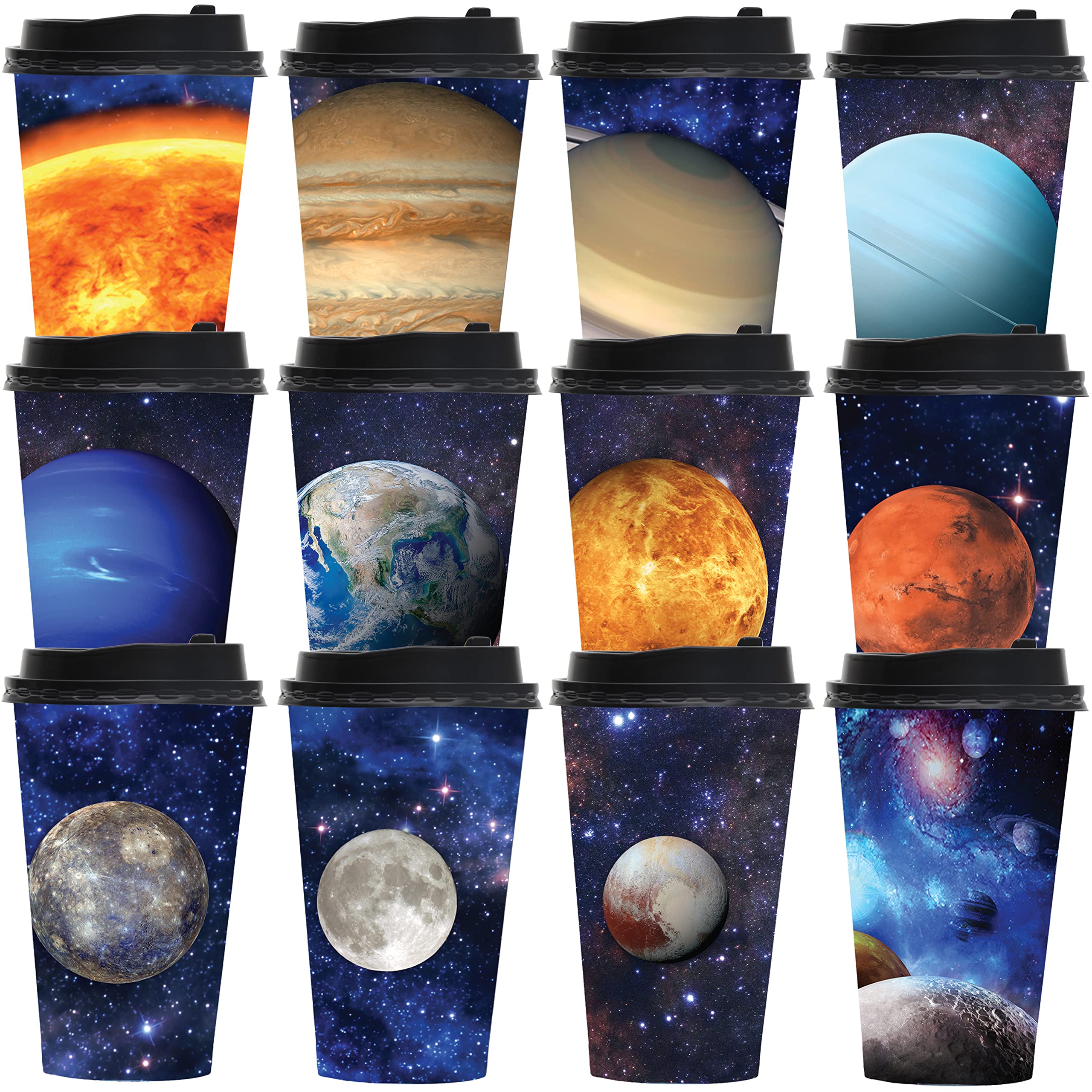 Youngever 72 Pack Disposable Coffee Cups with Lids - 12oz To Go Hot Paper Cups, Eco-Friendly & Leak-Proof (Planet Theme Design) for Office, Cafes, Parties & Travel