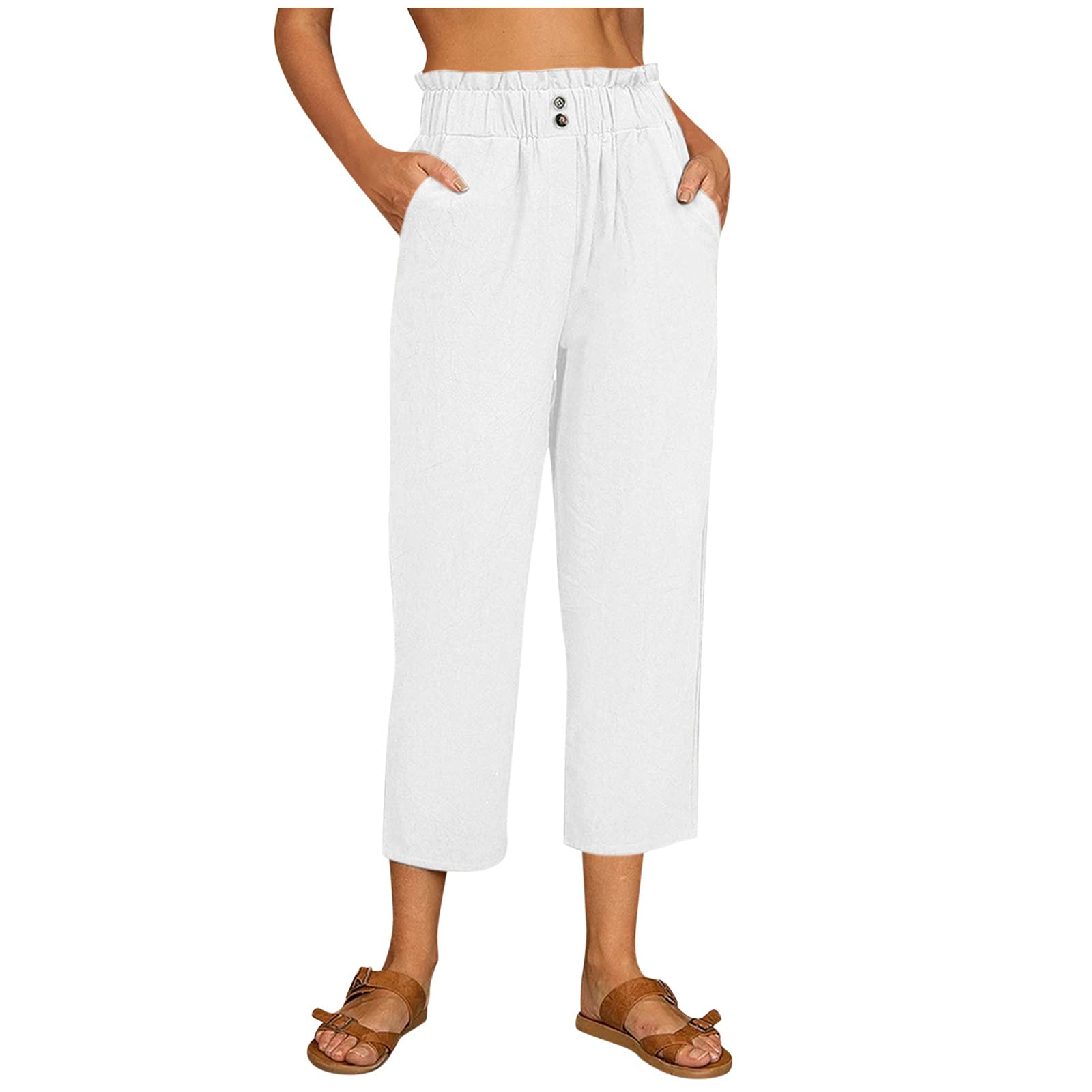 **Women's Plus Size Linen Casual Cargo Pants with Pockets - Comfortable & Stylish White XL for Outdoor, Travel & Everyday Wear**