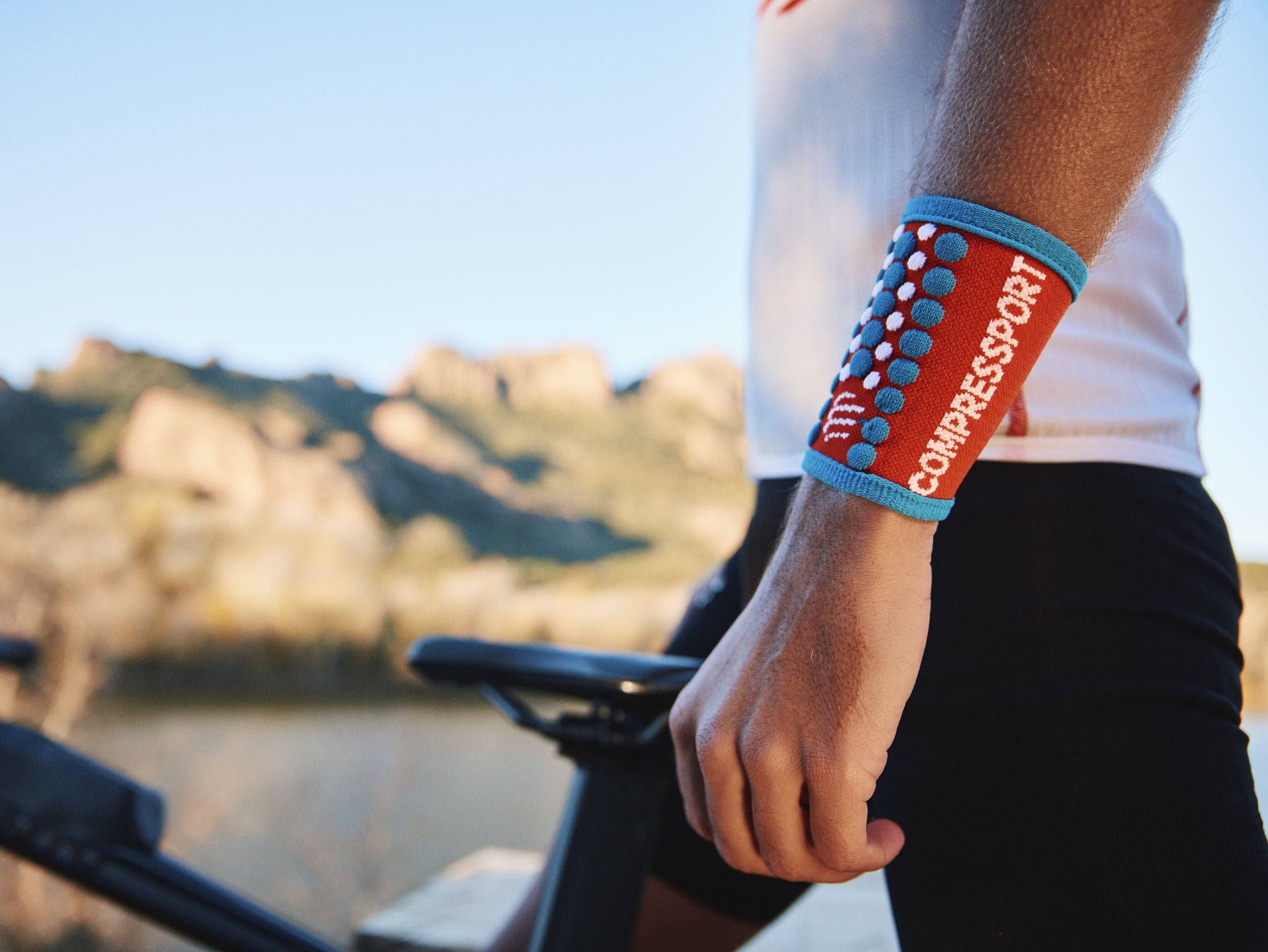 Compressport Unisex 3D.Dots Sweatbands - Pair for Men & Women, Orangeade/Fjord Blue | Breathable Wristbands for Running, Tennis, Basketball & Workout