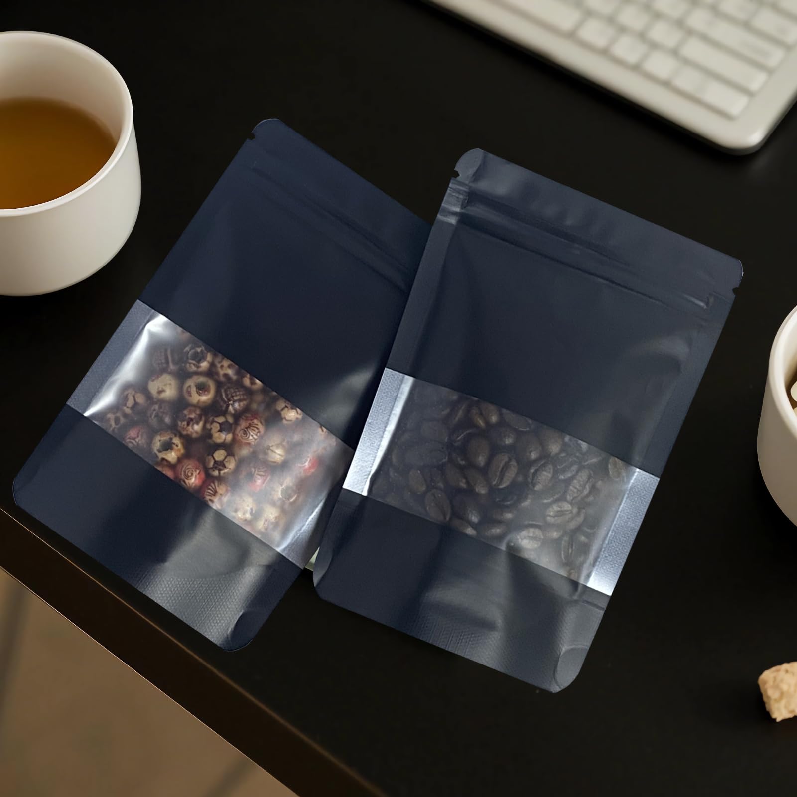 50 Pcs 6x9 Inch Smell Proof Stand Up Pouches - Resealable Mylar Bags with Window & Zipper for Food Storage | Coffee, Snacks, Baked Goods Packaging | Ideal for Small Business, Home Kitchen & Travel (Black)