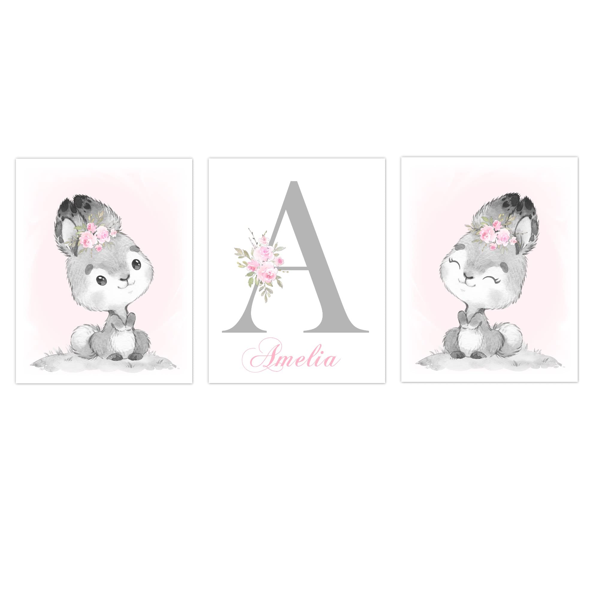 Personalized Pink Bunny Floral Nursery Wall Art - Baby Room Decor for Girls