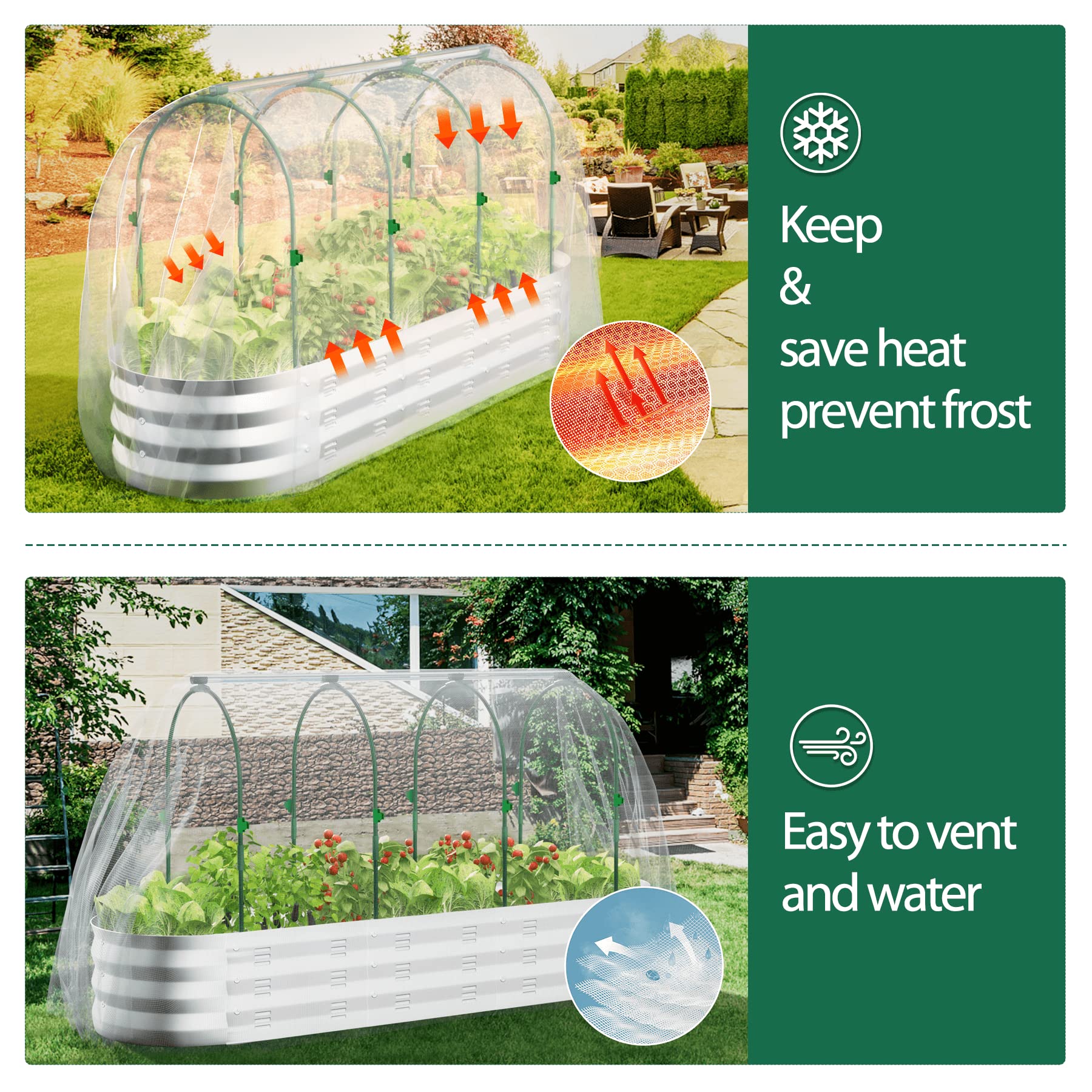 POTEY 4x8ft Raised Garden Bed with Greenhouse Cover - Galvanized Steel Planter Box for Vegetables, Fruits, Flowers & Herbs - Outdoor Gardening Kit for Backyard, Patio & Urban Farming