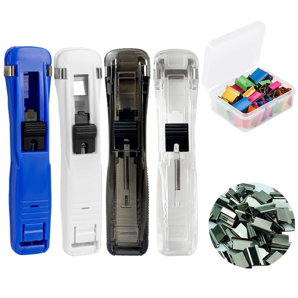 QPINGH 4Pcs Reusable Stainless Steel Clam Clips for Paper - 100 Refill Clips Included, Fast Document Clipper for Office, School & Home Use - Organize Files, Notes & Homework - 4 Colors (Black, Blue, Green, Red)