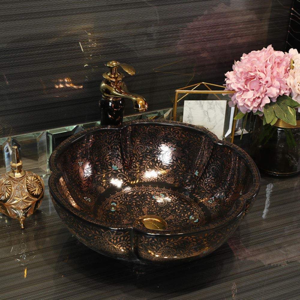 Black Handmade Ceramic Vessel Sink - Porcelain Countertop Basin with Flower Shape for Bathroom Vanity | Perfect for Modern & Luxury Bathroom Decor