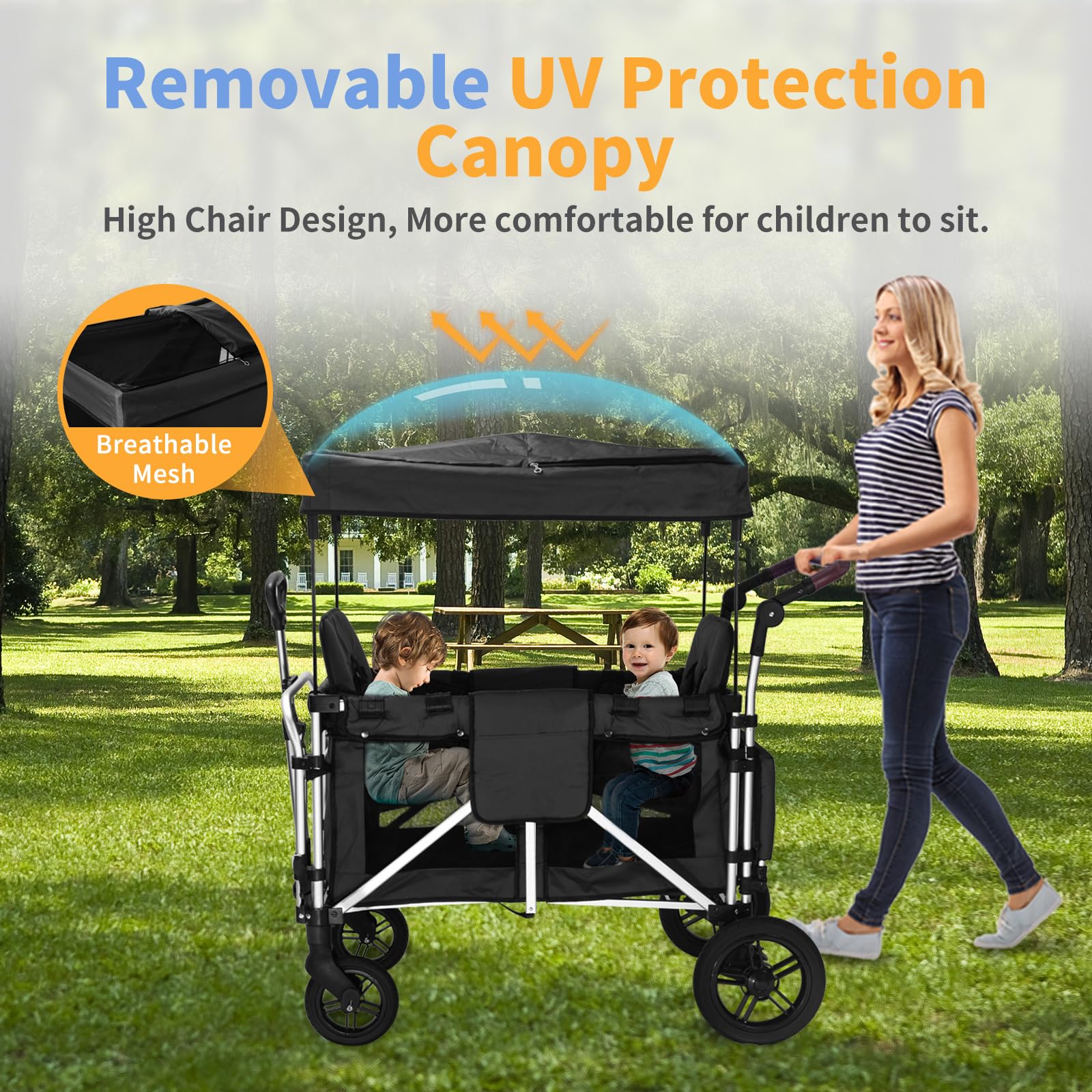 **Best Double Stroller Wagon for 2 Kids – Heavy Duty Wagon Cart with 2 High Seats, 5-Point Safety Harnesses & Adjustable Canopy – Foldable Push-Pull Design for Outdoor, Camping, Beach, Grocery Shopping & More (Black-Gray)**    *(Ideal for family outings, picnics, beach trips, camping adventures, and grocery shopping – versatile and convenient for parents on the go!)*