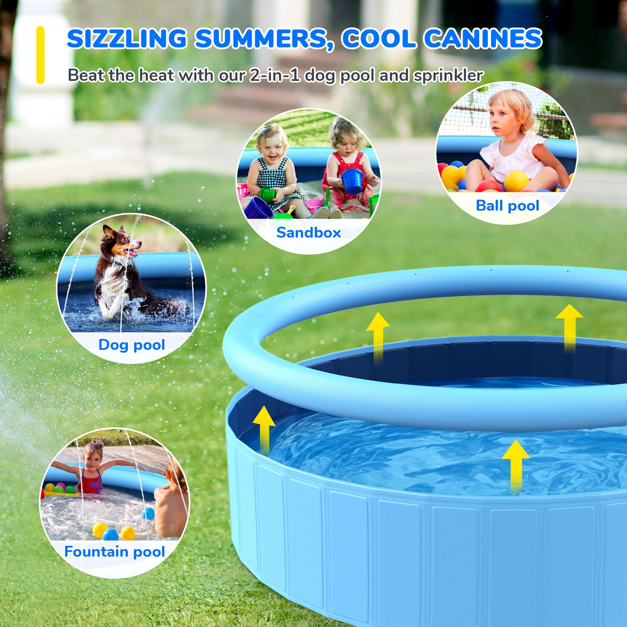 71'' Foldable Dog Pool for Large Dogs - Non-Slip Kids Swimming Pool with Sprinkler | Heavy Duty Hard Plastic Kiddie Splash Pad for Backyard Fun (Blue) | Perfect for Summer Playtime, Pet Bathing & Outdoor Water Activities