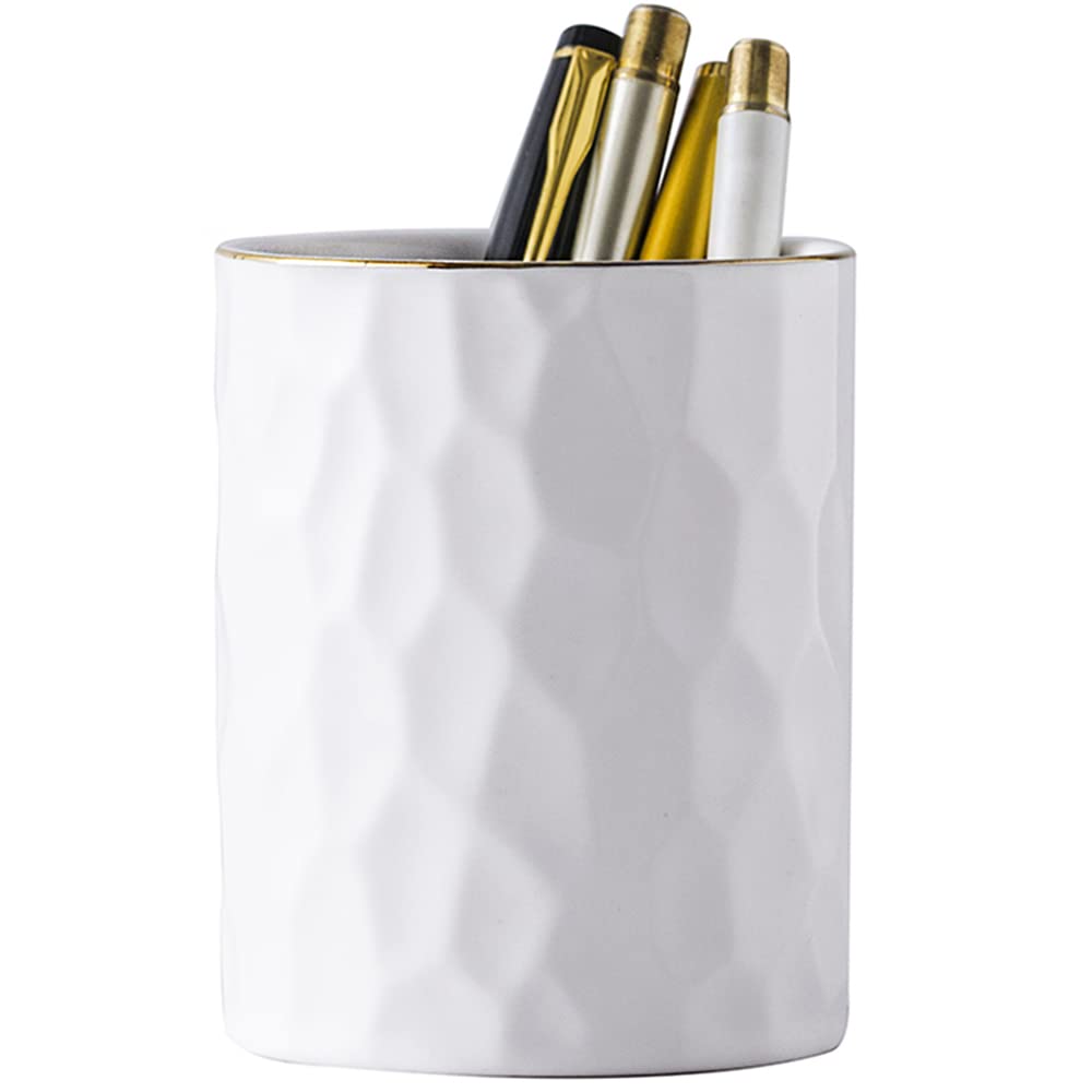 Ceramic Round Irregularly Shaped Pen Holder - Cute White Pencil Cup for Desk Organizer, Makeup Brush Holder - Perfect for Office, Home & School Use (White)