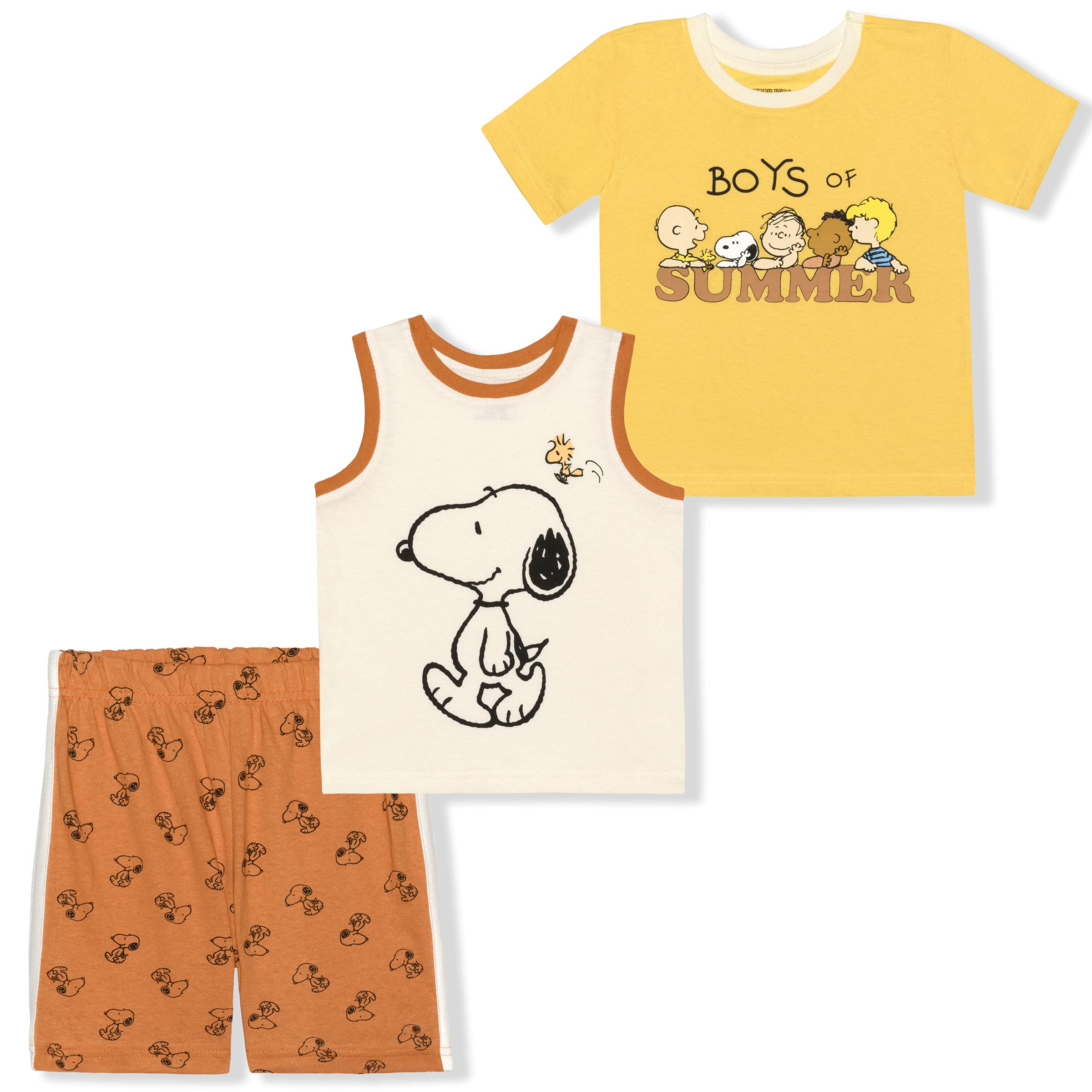 Snoopy Boys' 3-Piece Summer Outfit Set - Short Sleeve T-Shirt, Tank Top & Shorts for Infants & Toddlers | Yellow/Orange/White or Blue/White | Playtime, Daycare & Casual Wear