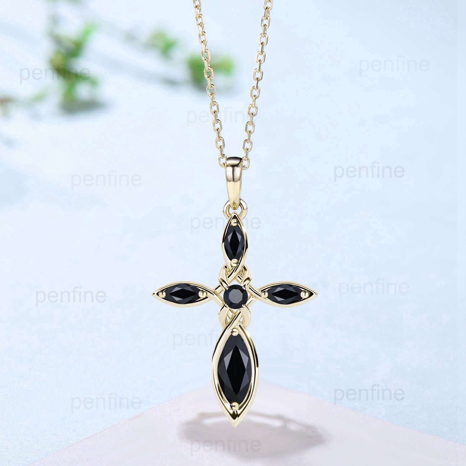 Viking Cross Necklace for Women - Black Spinel & Onyx Pendant in Silver or Rose Gold - Minimalist Celtic Jewelry with Personalized Marquise Design - Perfect for Everyday Wear, Gifts, and Viking-Themed Outfits