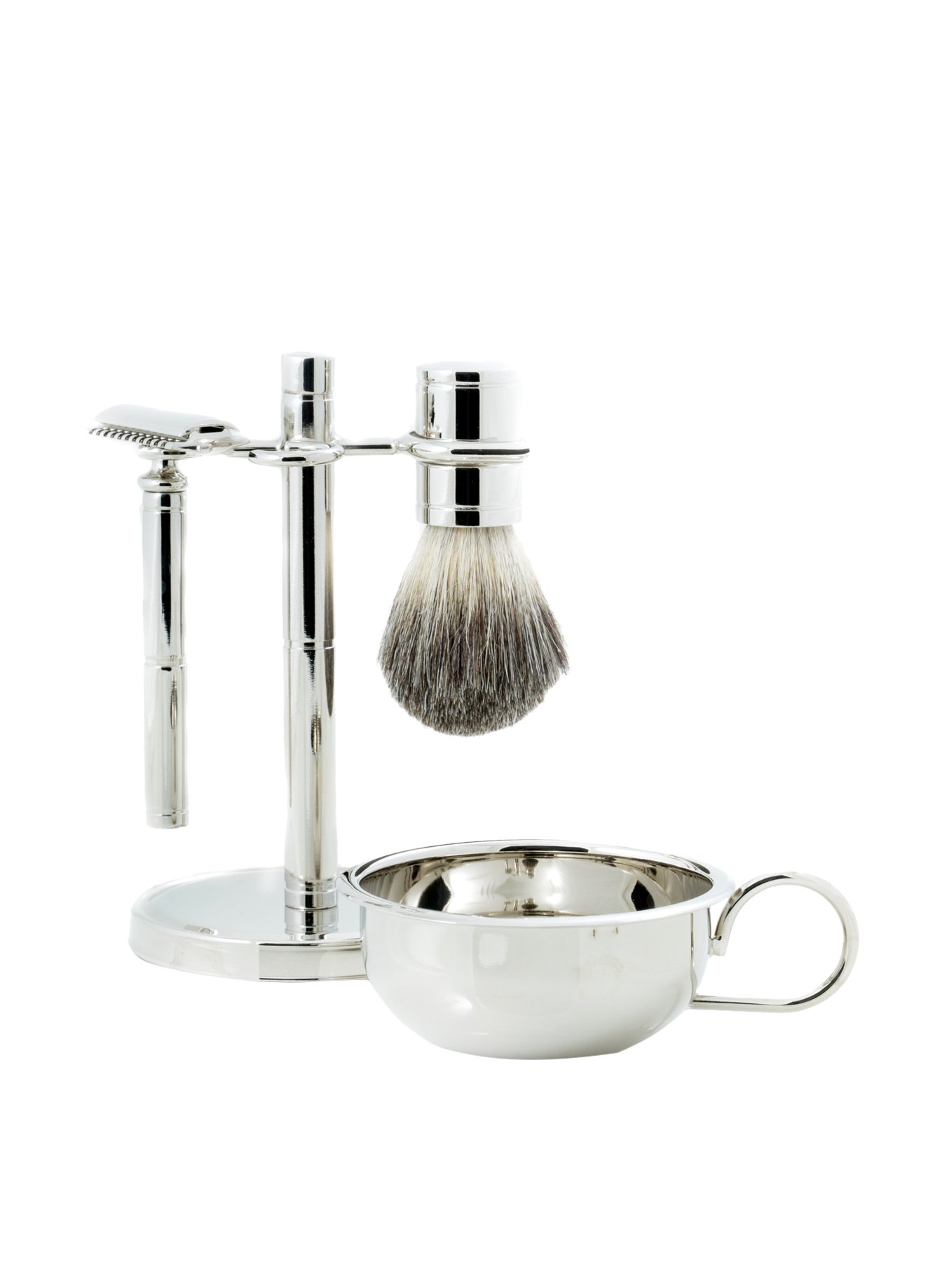 Premium Chrome Safety Razor & Pure Badger Shaving Brush Set with Soap Dish - Bey-Berk BB02 Wet Shaving Kit for Men - Perfect for Classic Grooming & Luxury Bathroom Decor