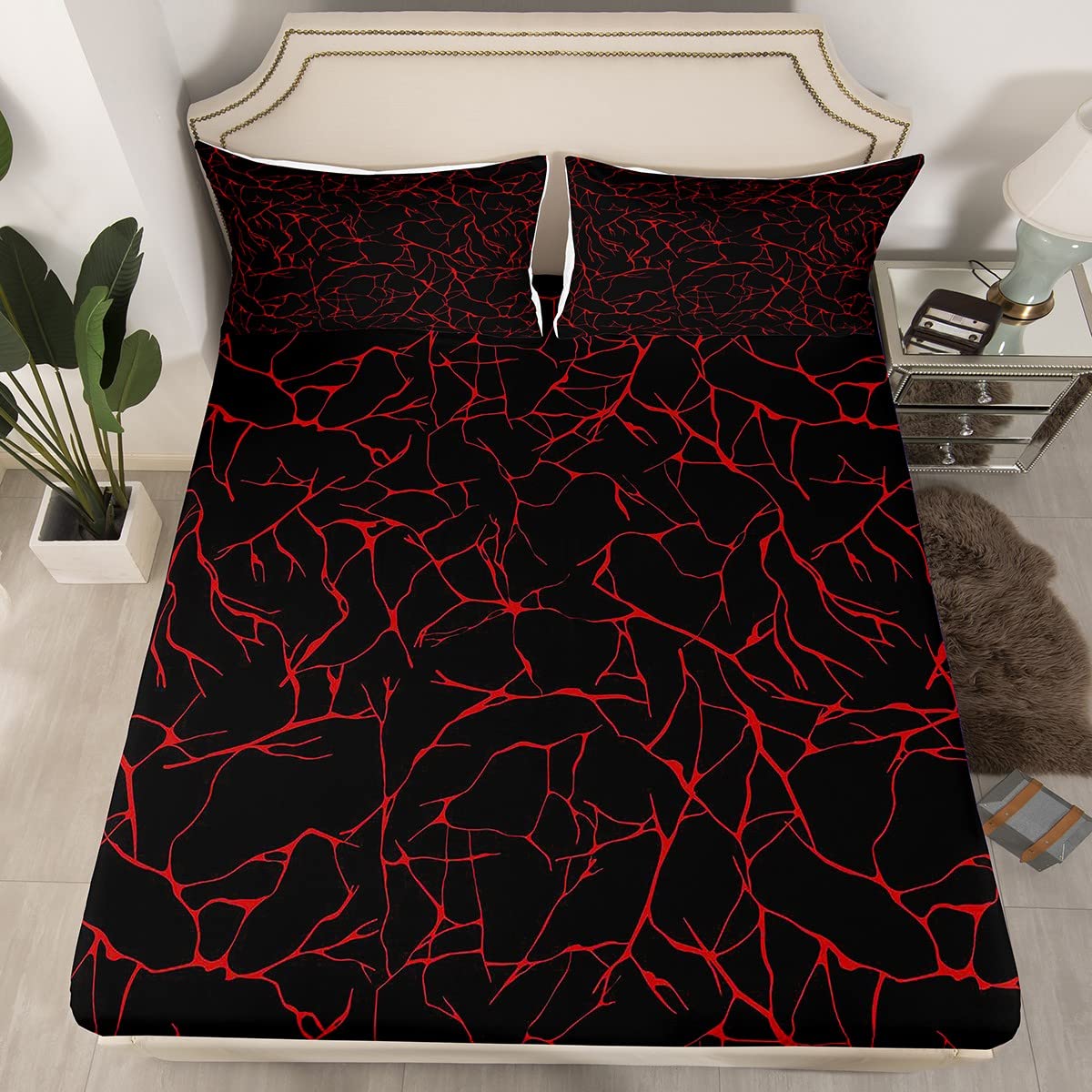 Erosebridal Red Metallic Marble Bed Sheets Twin Size - Black Glitter Sheet Set with Abstract Marble Texture Design | Fitted Sheet for Modern Bedroom Decor | Perfect for Guest Rooms, Dorms & Luxury Home Styling