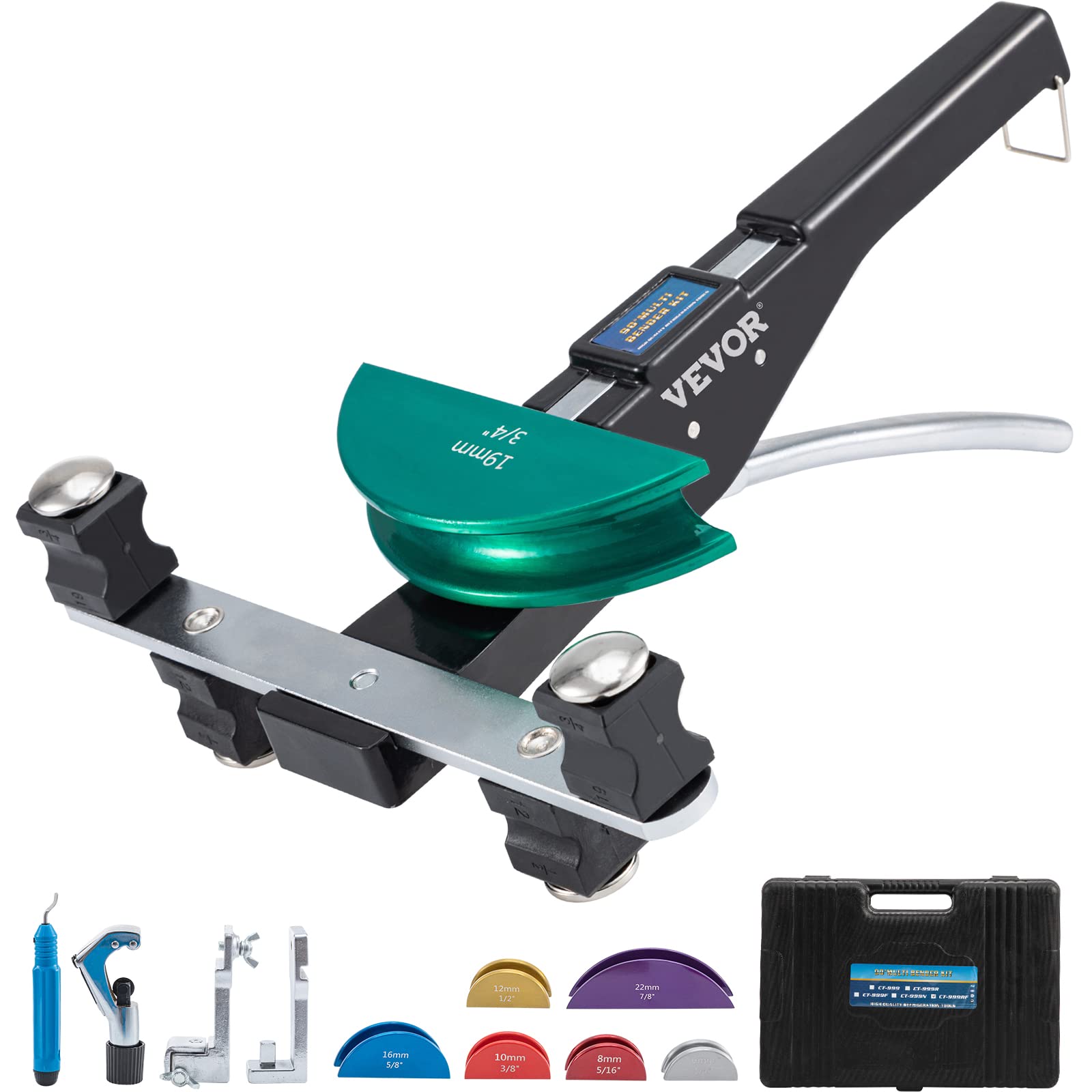 VEVOR Copper Pipe Bender Kit with 7 Colorful Dies (1/4-7/8 inch) - 90° Forward & Reverse Bending Tool for 6-22mm Copper & Aluminum Tubes - Includes Reverse Bend Attachment - Perfect for Plumbing, HVAC, and DIY Home Improvement Projects