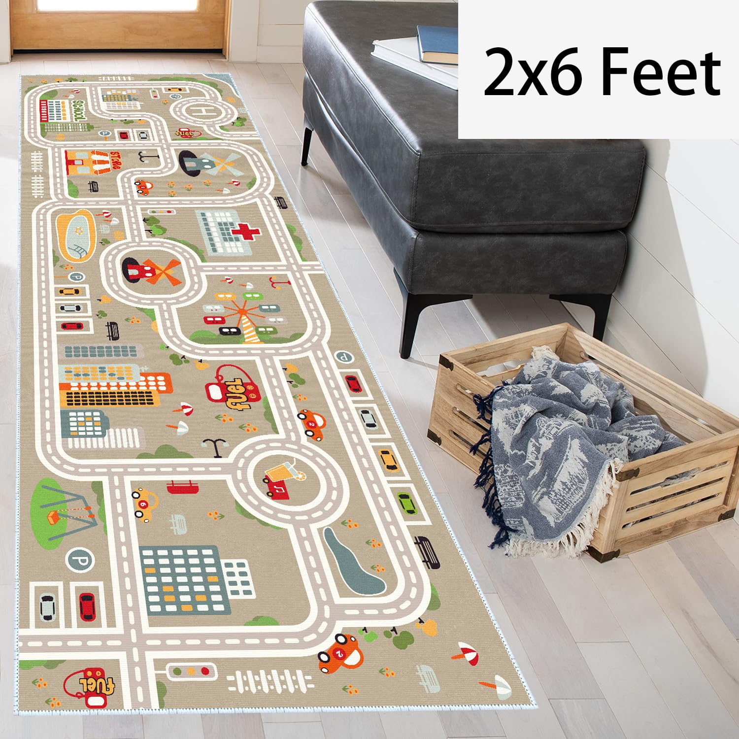 XRYZHC Non-Slip Kids Car Train Play Rug - 2' x 6' Boys Playroom Carpet, Soft Floor Mat for Toddler Bedroom & Nursery - Perfect for Playtime & Learning (Grey, 2x6 Feet)