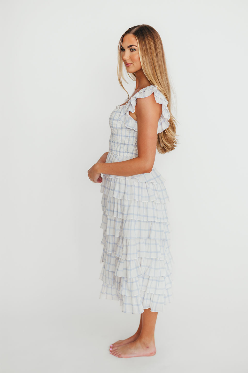 Adelynn Women's Elegant Ruffle Midi Dress - White & Blue Floral Summer Dress for Casual Wear, Date Night & Special Occasions