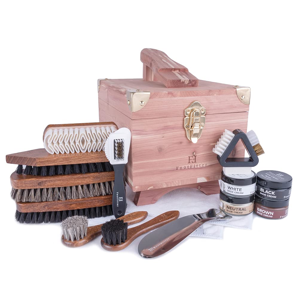 Premium Cedar Shoe Shine Valet Set - Complete Shoe Care Kit with Storage Box | Shoe Polish, Brush & Accessories | Perfect for Men's Dress Shoes, Boots & Leather Care at Home or Office