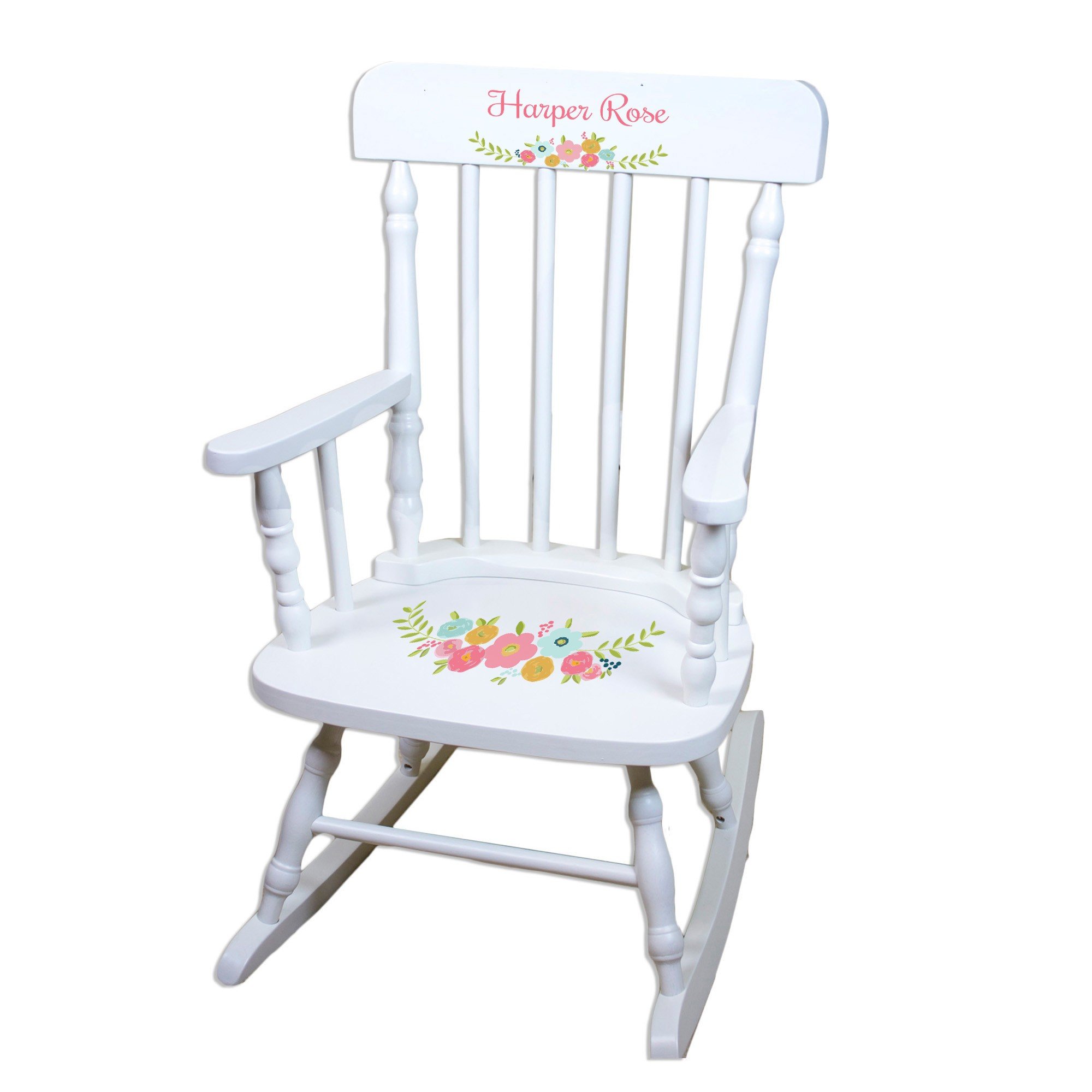 Personalized White Wood Rocking Chair for Baby Girls - Custom Toddler Gift with Spring Floral Design - Perfect for Nursery Decor, First Birthday Present & Photo Prop