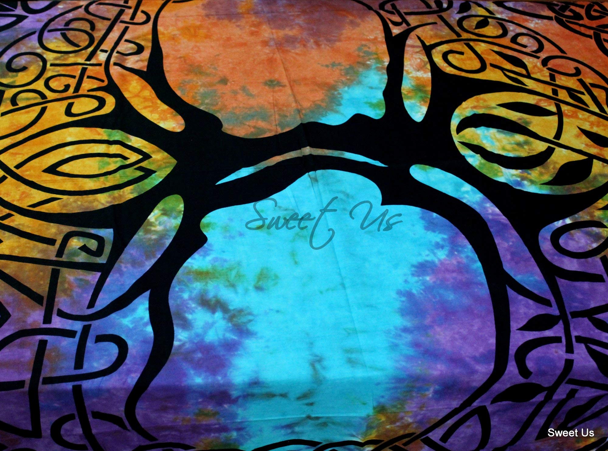 Celtic Print Tablecloth 72x72 Inches - Blue Green Turquoise Purple Tree of Life Cotton Fabric for Square Tables - Kitchen & Dining Room Decor, Holiday Dinner Party, Celtic Festival Celebration