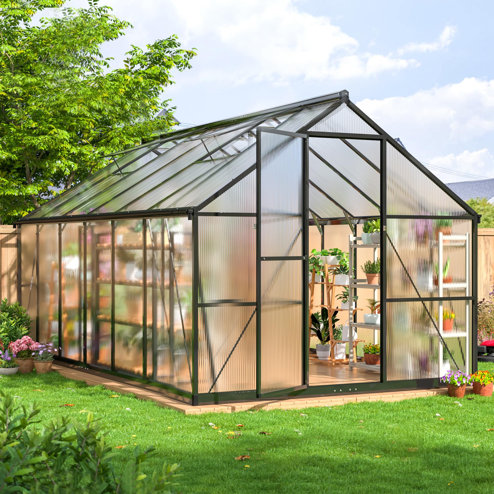 8x12 FT Outdoor Greenhouse - Quick Setup Polycarbonate Greenhouse with Roof Vent & Aluminum Frame - Large Walk-in Garden Greenhouse for Backyard, Patio & Gardening - Black