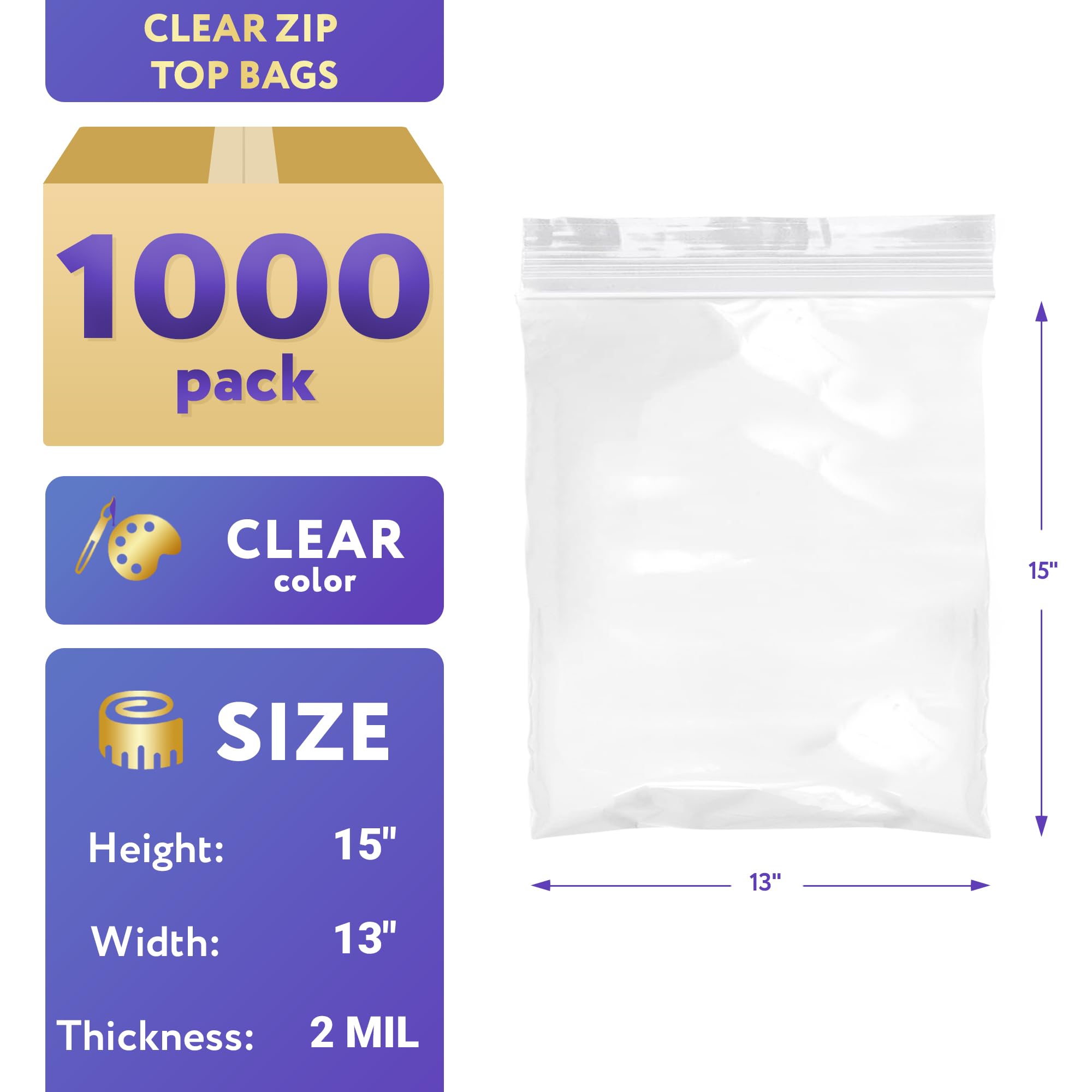 1000 Pack 13x15 Inch Clear Reclosable Zipper Bags - 2 Mil Thick Waterproof Resealable Plastic Storage Bags for Organizing Weed, Pills, Jewelry, Samples & Small Items - Perfect for Home, Office, Travel & Craft Storage
