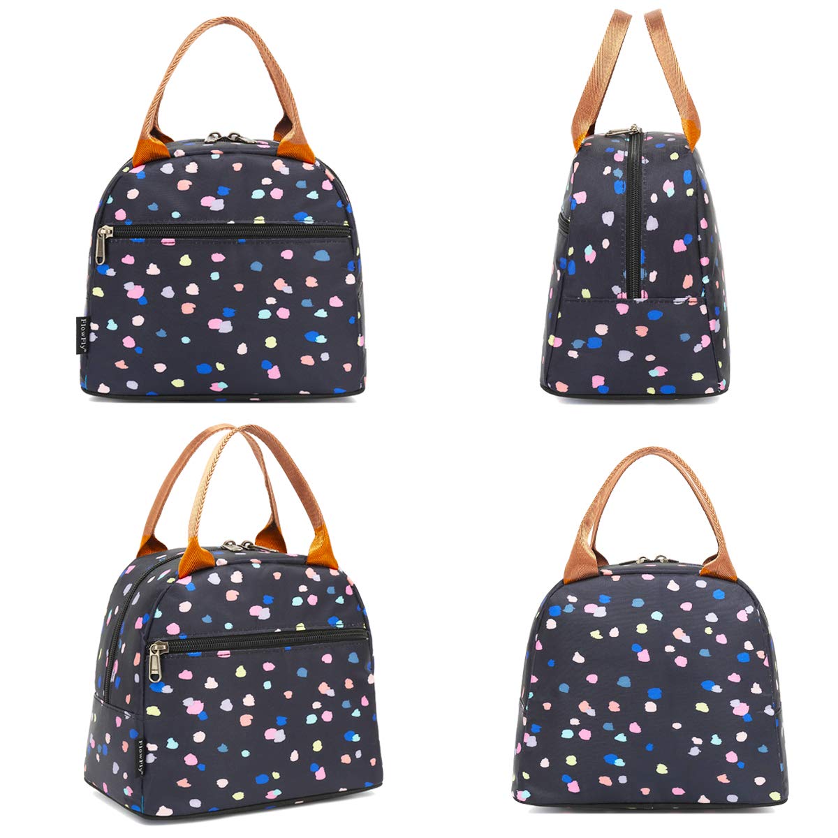 FlowFly Insulated Lunch Bag Tote - Reusable Cooler Lunch Box for Women & Men, Black Floral Design - Perfect for Work, School, Picnics & Outdoor Activities