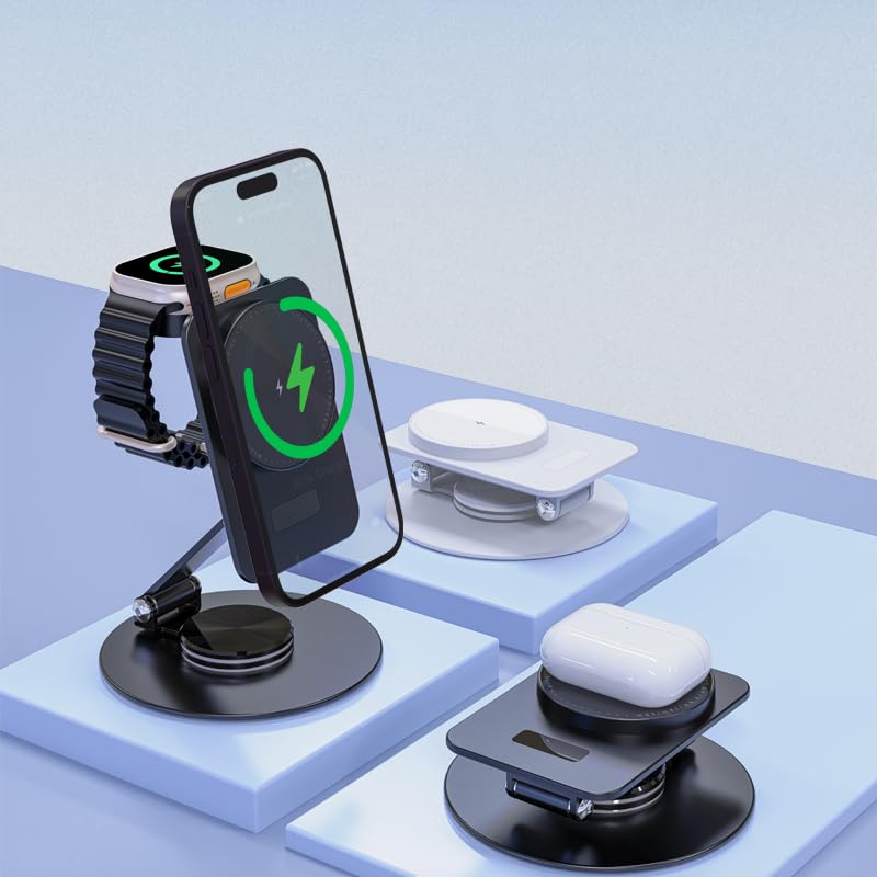 2-in-1 Foldable MagSafe Wireless Charging Station for iPhone 15 Pro/14/13/12 & Apple Watch 9/8/7/6/SE/5/4/3/2 - Fast Charging Stand with AirPods Holder (Black) | Perfect for Bedside, Office & Travel Use
