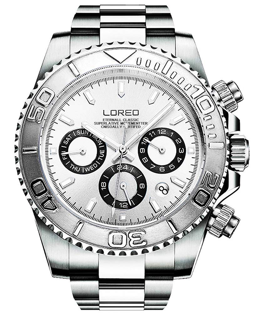 LOREO Men's Automatic Watch - Stainless Steel Silver Case, Sapphire Crystal, Ceramic Bezel, Date Display, 200M Waterproof Military Dive Watch for Swimming, Snorkeling & Outdoor Adventures