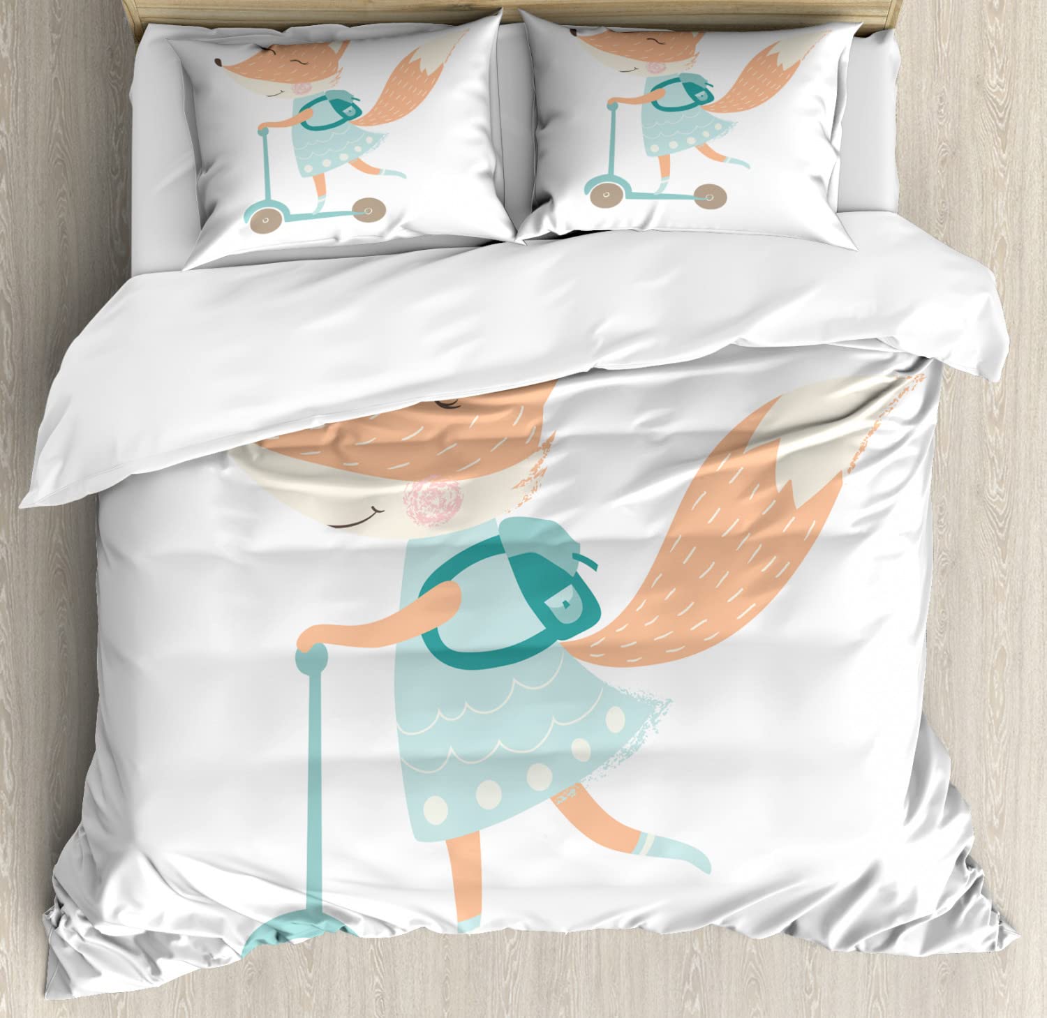 Ambesonne Fox Duvet Cover Set - Happy Animal Riding Scooter with Bag, 2-Piece Twin Size Bedding Set with 2 Duvet Covers & 2 Pillowcases, Rose Dried Rose Color - Perfect for Kids' Rooms, Teen Bedrooms & Cozy Home Decor