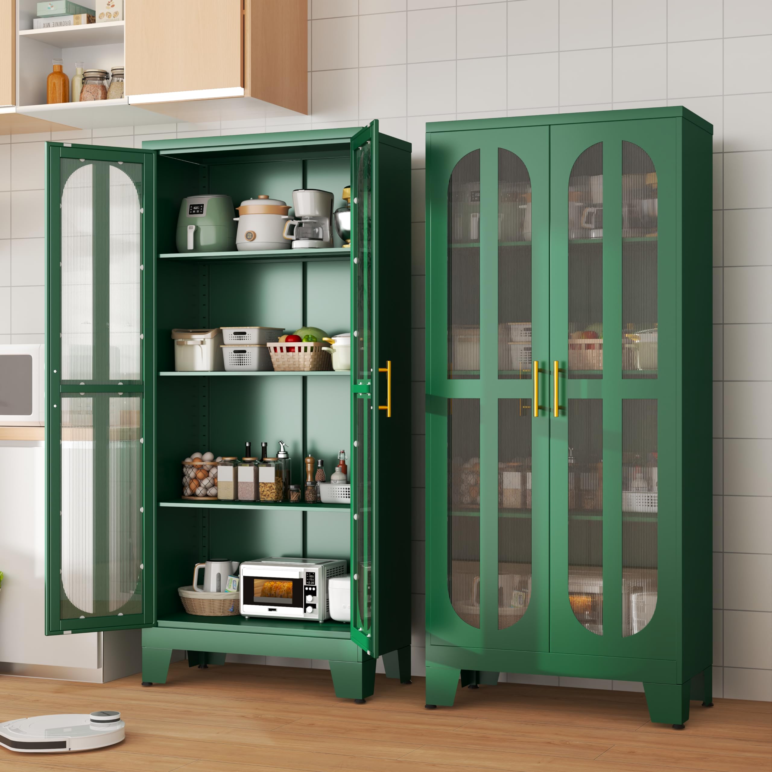 Stainless Steel Pantry Cabinet with Acrylic Glass Doors & Adjustable Shelves - 61 Inch Tall Kitchen Storage Organizer for Food, Dishes & Supplies - Perfect for Modern Kitchens, Dining Rooms & Laundry Areas