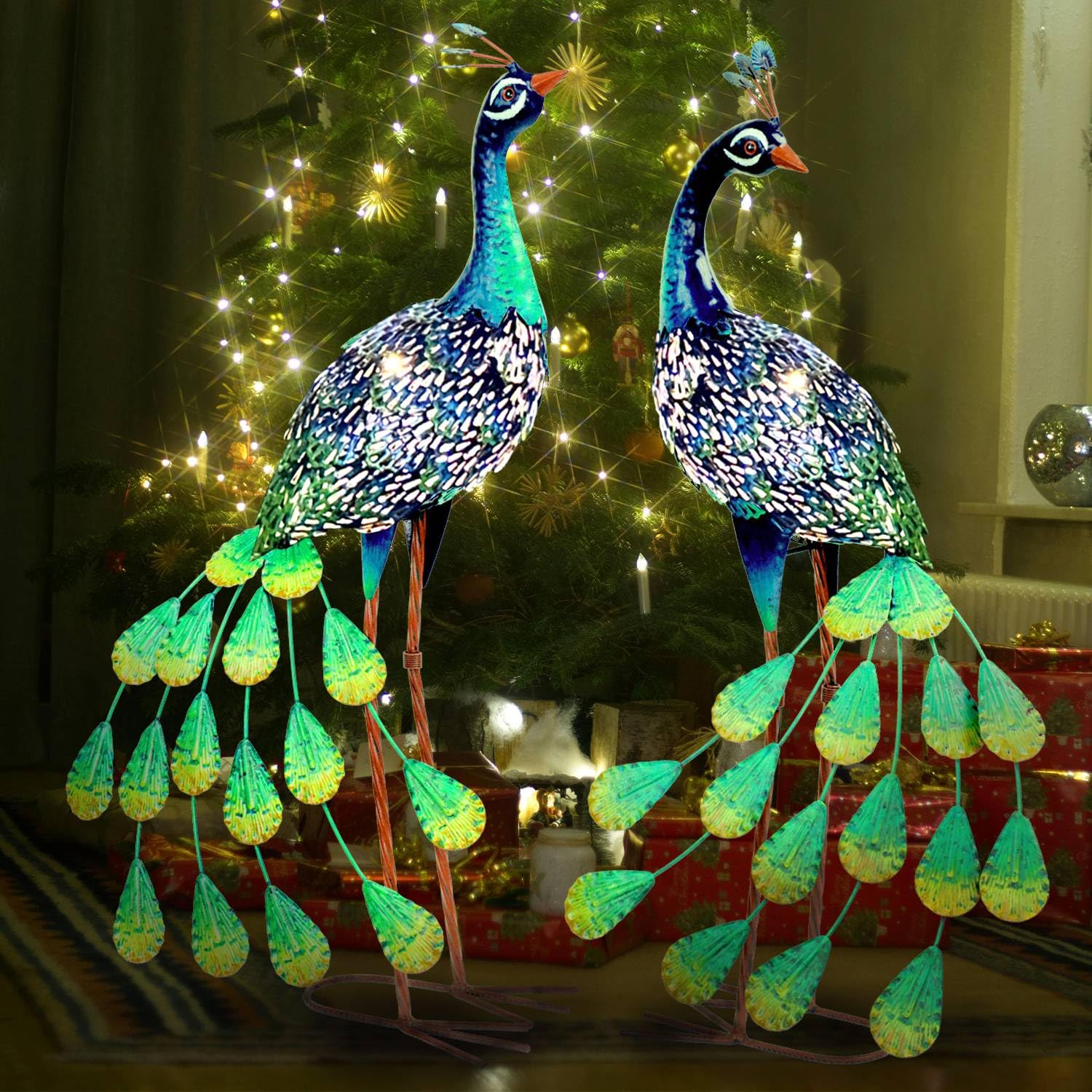 Solar-Powered Metal Peacock Statues Set of 2 - Weatherproof Outdoor Garden Decor with LED Lights for Yard, Patio, Lawn - Elegant Peacock Gifts for Home, Wedding & Holiday Decorations