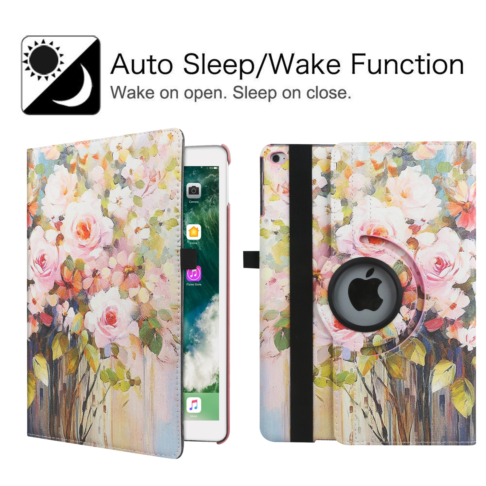 Premium 360° Rotating Stand Case for iPad 9.7 (2018/2017 6th/5th Gen), iPad Air 2 & iPad Air - Multi-Angle Viewing, Auto Sleep/Wake Function (Blooming Flowers Design) - Perfect for Work, Study & Entertainment