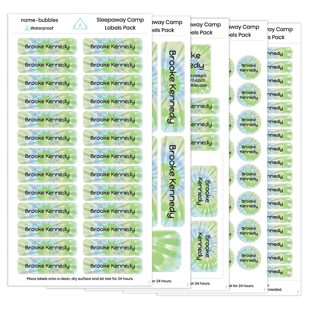 Name Bubbles Tie-Dye Green Waterproof Labels (167 Pack) - Durable Personalized Name Stickers for Kids, Camp, School, Travel - Perfect for Clothes, Lunch Boxes, Water Bottles & Gear Organization