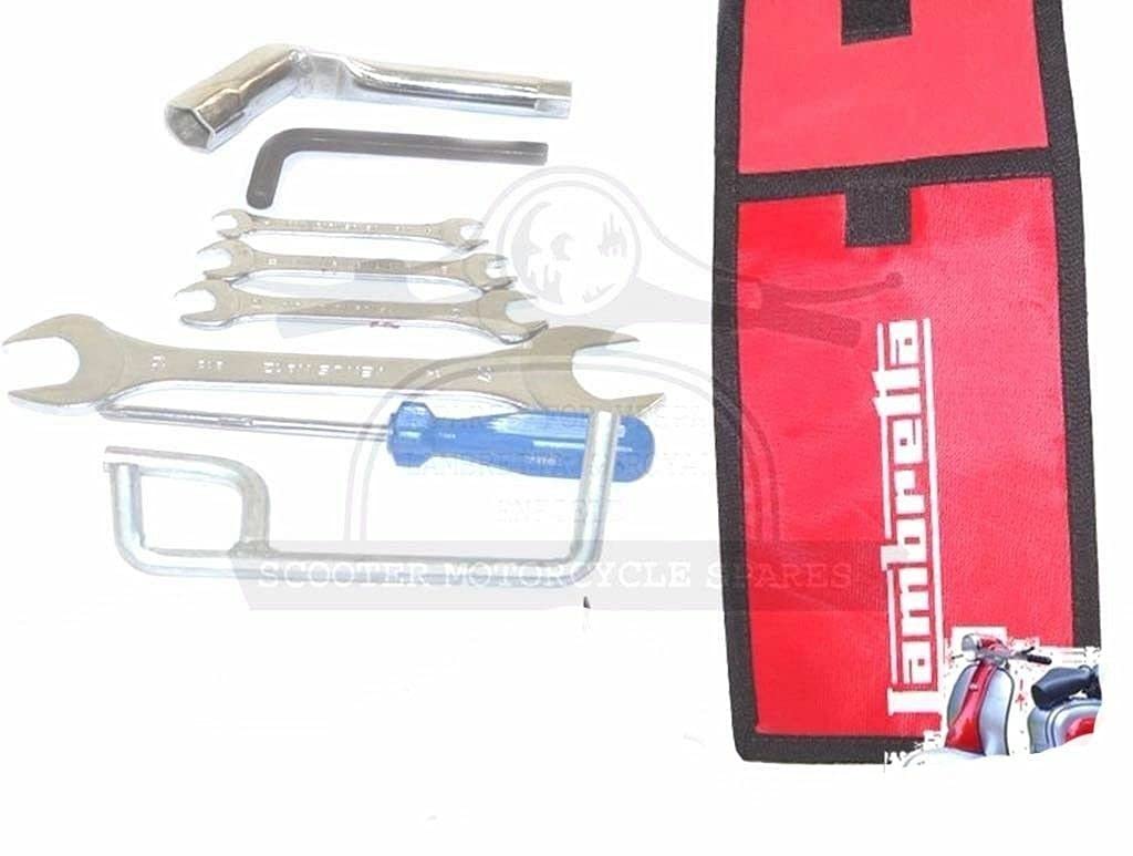 Lambretta 7-Piece Hand Tool Kit with Red Woven Pouch - Jack Spanners, Wrenches & More for Motorcycle Maintenance & DIY Repairs