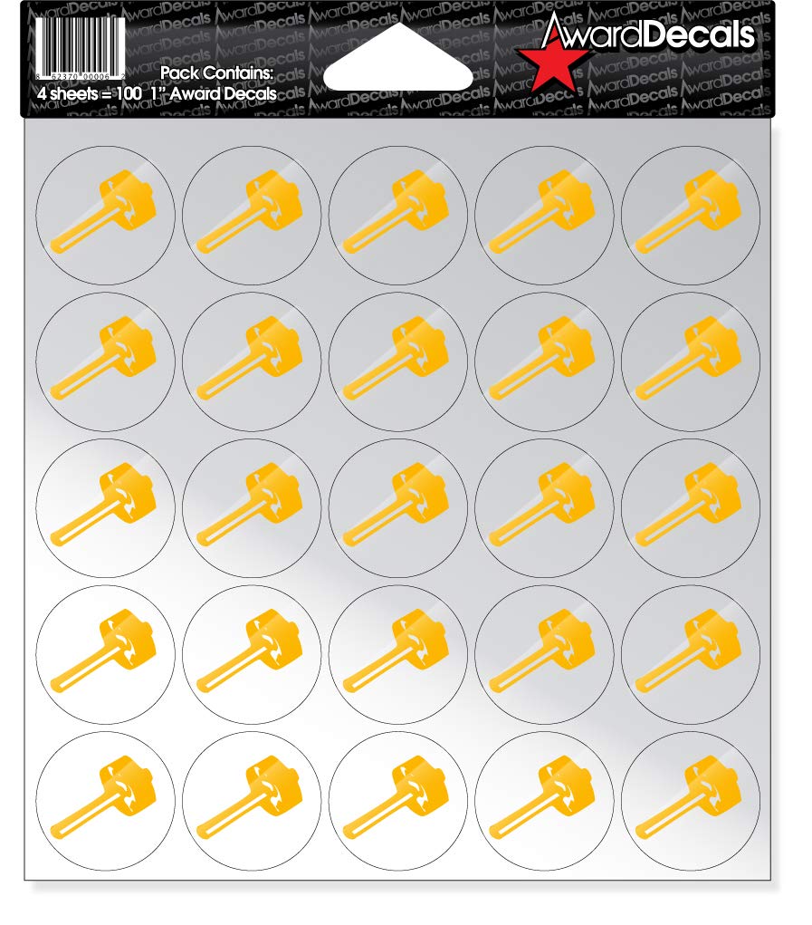 Sledgehammer Award Decals - 100 Pack - Yellow Gold on Clear Stickers - Perfect for Sports Trophies, Employee Recognition & DIY Crafts
