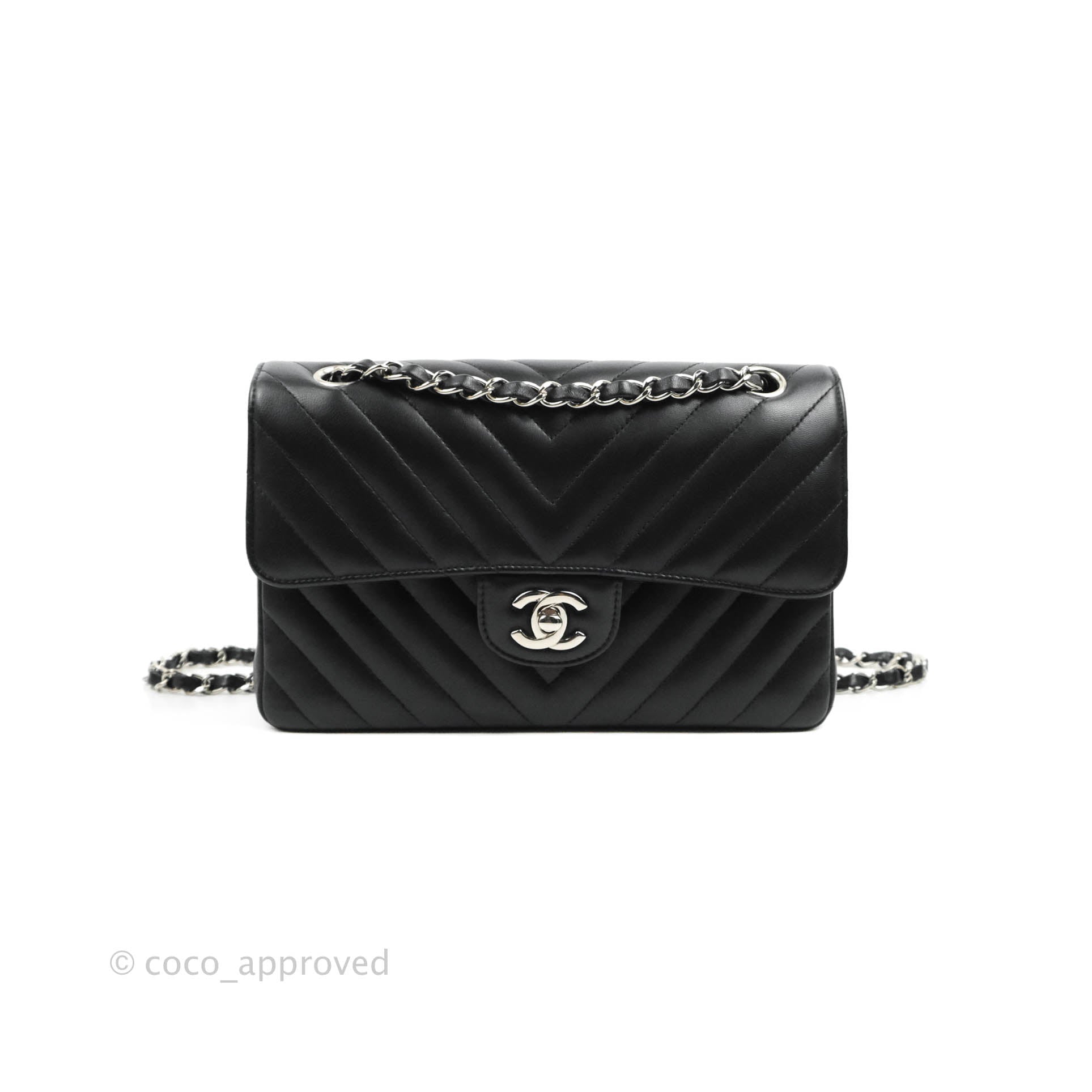 Chanel Classic Chevron Small Double Flap Bag Black Lambskin Leather with Silver Hardware - Perfect for Evening Events & Luxury Fashion Accessories