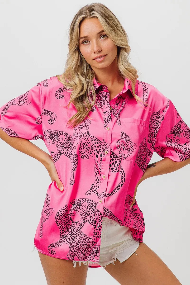 BiBi Leopard Print Short Sleeve Silky Satin Shirt Top for Women - Fashion Blouse for Casual Wear, Night Out & Office Outfits