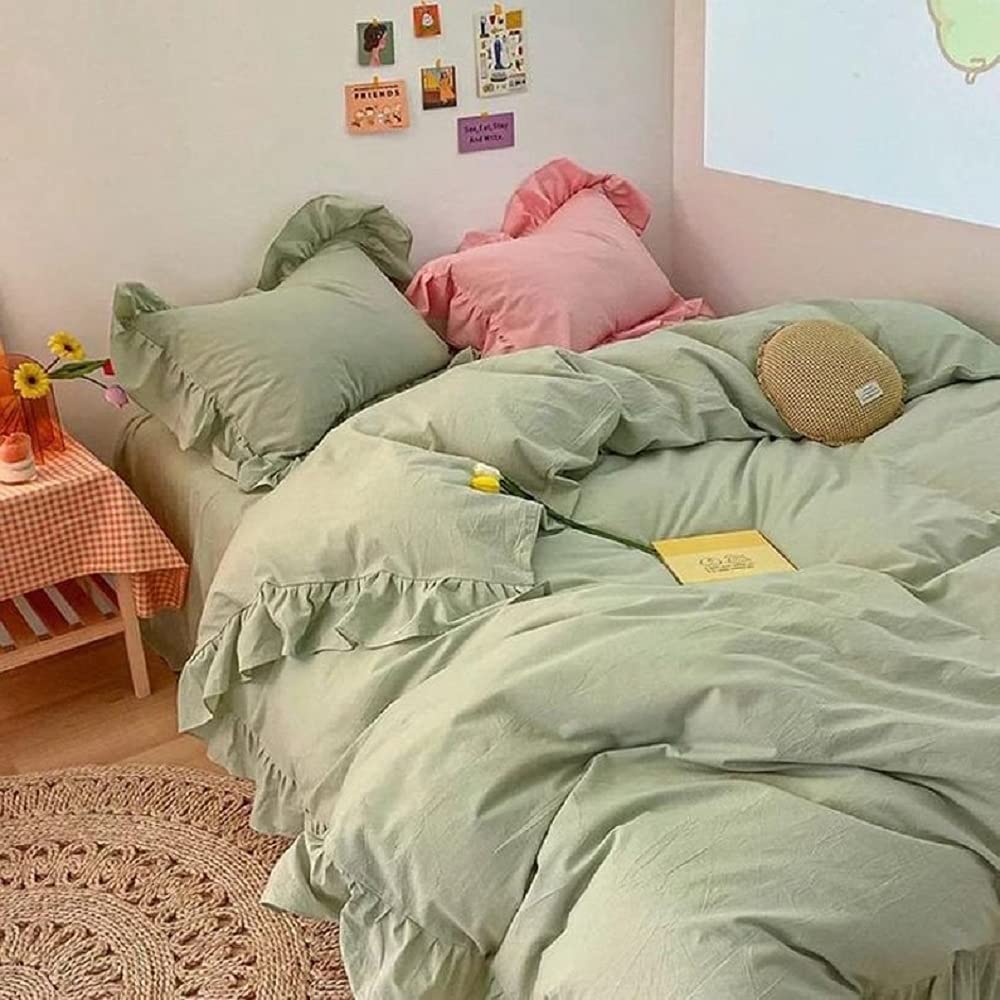 Sage Green Ruffled Cotton Duvet Cover Set - Queen King California King Size Bedding, Soft Comforter Cover with Elegant Ruffle Trim for Cozy Bedroom Decor | Perfect for Master Bedroom, Guest Room & Airbnb Styling