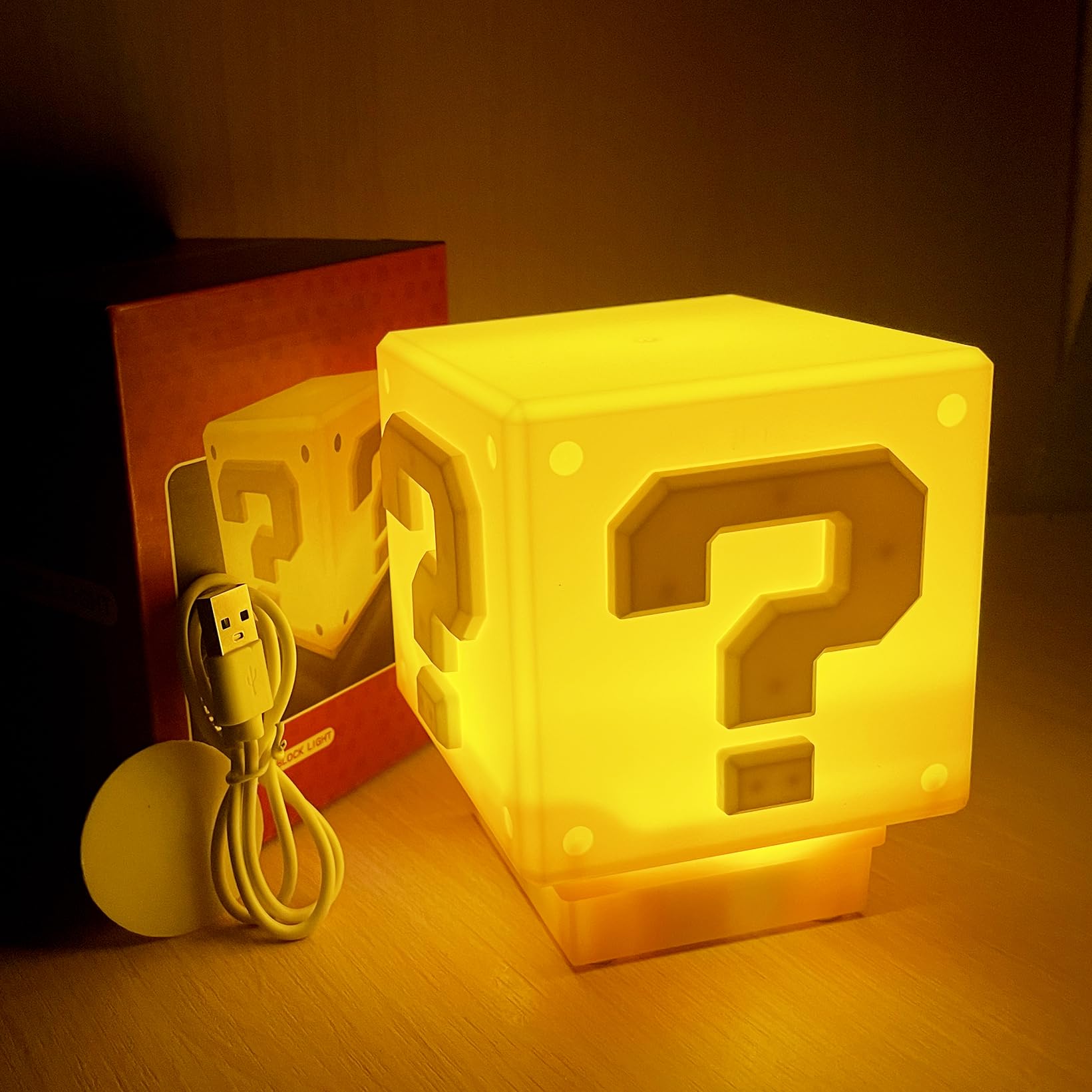 Hopanrel Super Bros Question Block Lamp - Square LED Night Light with USB Cable, Game Coin Sound Effect, Bedside Table Lamp - Perfect Gift for Boys, Girls & Kids | Gaming Room Decor, Bedroom Night Light, Fun Toy for Nintendo Fans