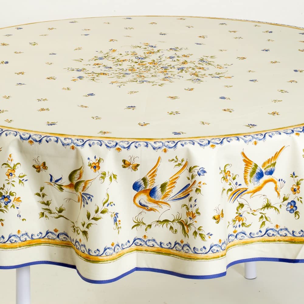 Amelie Michel Wipe-Clean French Tablecloth - Blue Moustiers Design | 100% Cotton Acrylic-Coated Fabric | Spill Proof, Easy Care Round Table Cover (70