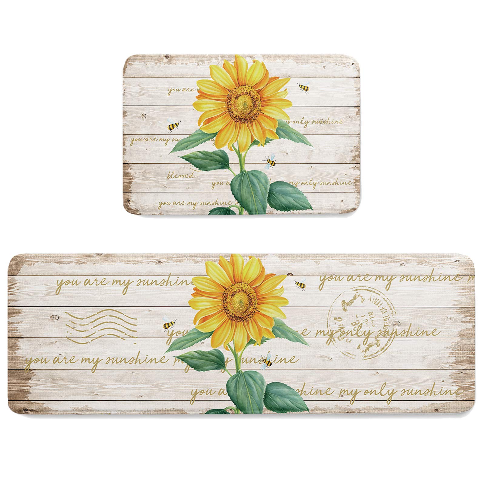 Anti-Fatigue Kitchen Mats Set of 2 - Non-Slip Cushioned Standing Rugs with Watercolor Sunflower Bee Design, Washable Floor Mat for Bedroom Bathroom Decor - Perfect for Farmhouse Kitchen, Office Standing Desk & High-Traffic Areas