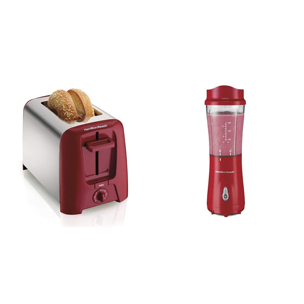 Hamilton Beach 2-Slice Extra Wide Slot Toaster with Shade Selector, Toast Boost & Auto Shutoff - Red (22623) | Personal Blender for Shakes, Smoothies with 14oz Travel Cup - Ideal for Breakfast & On-the-Go Drinks (51101RV)
