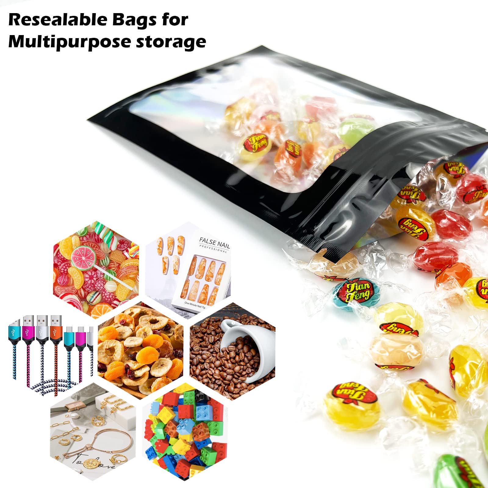 300 Pcs Holographic Mylar Bags - 3 Sizes Smell Proof Resealable Bags with Clear Window for Food Storage, Small Business & Organizing | Airtight Foil Pouch for Coffee, Tea, Snacks & Herbs | Perfect for Home, Office & Retail Use