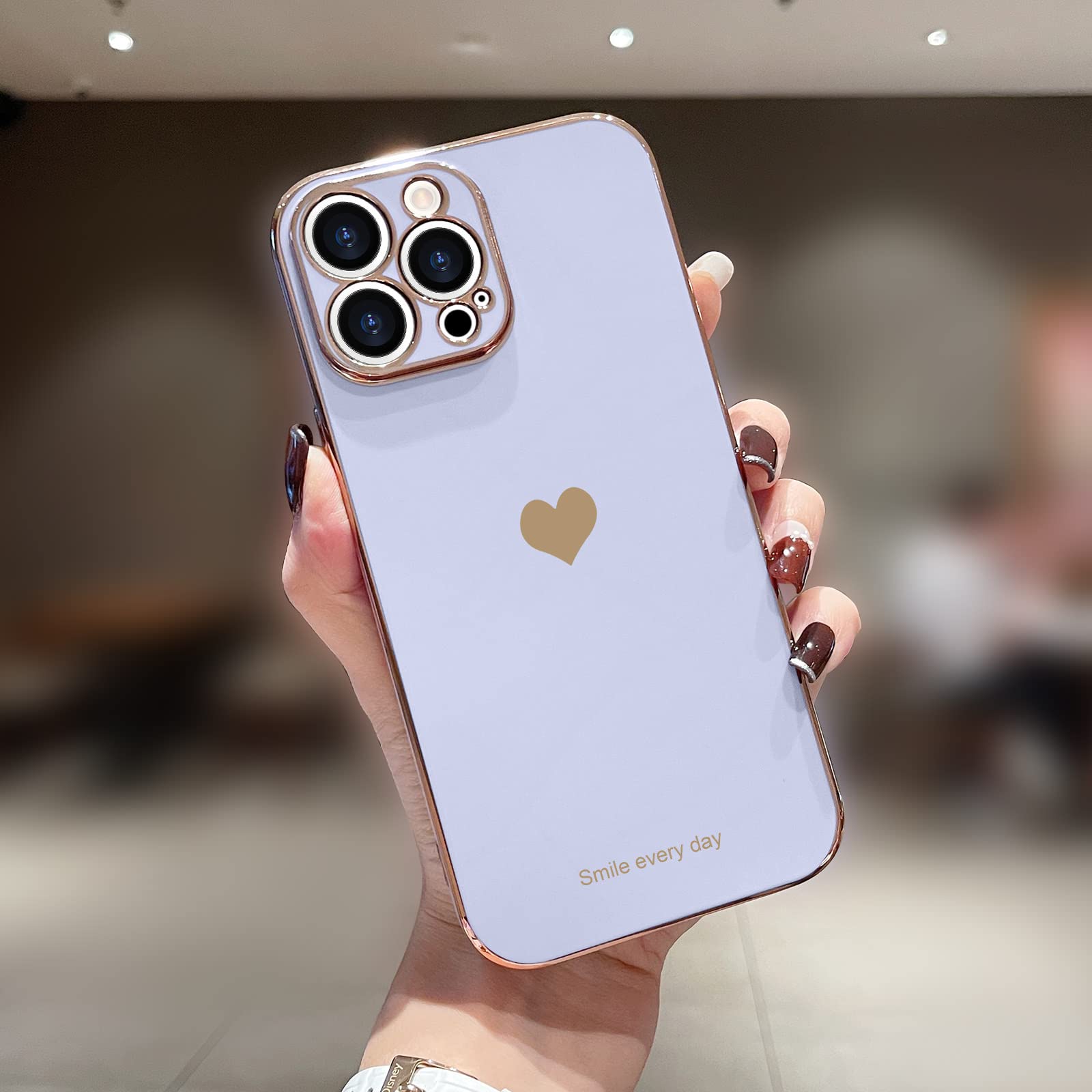 Teageo iPhone 13 Pro Max Case - Cute Heart Pattern Slim Luxury Bling Plating Soft TPU Shockproof Phone Cover for Women & Girls | Perfect for Everyday Use, Work & Travel (Purple)