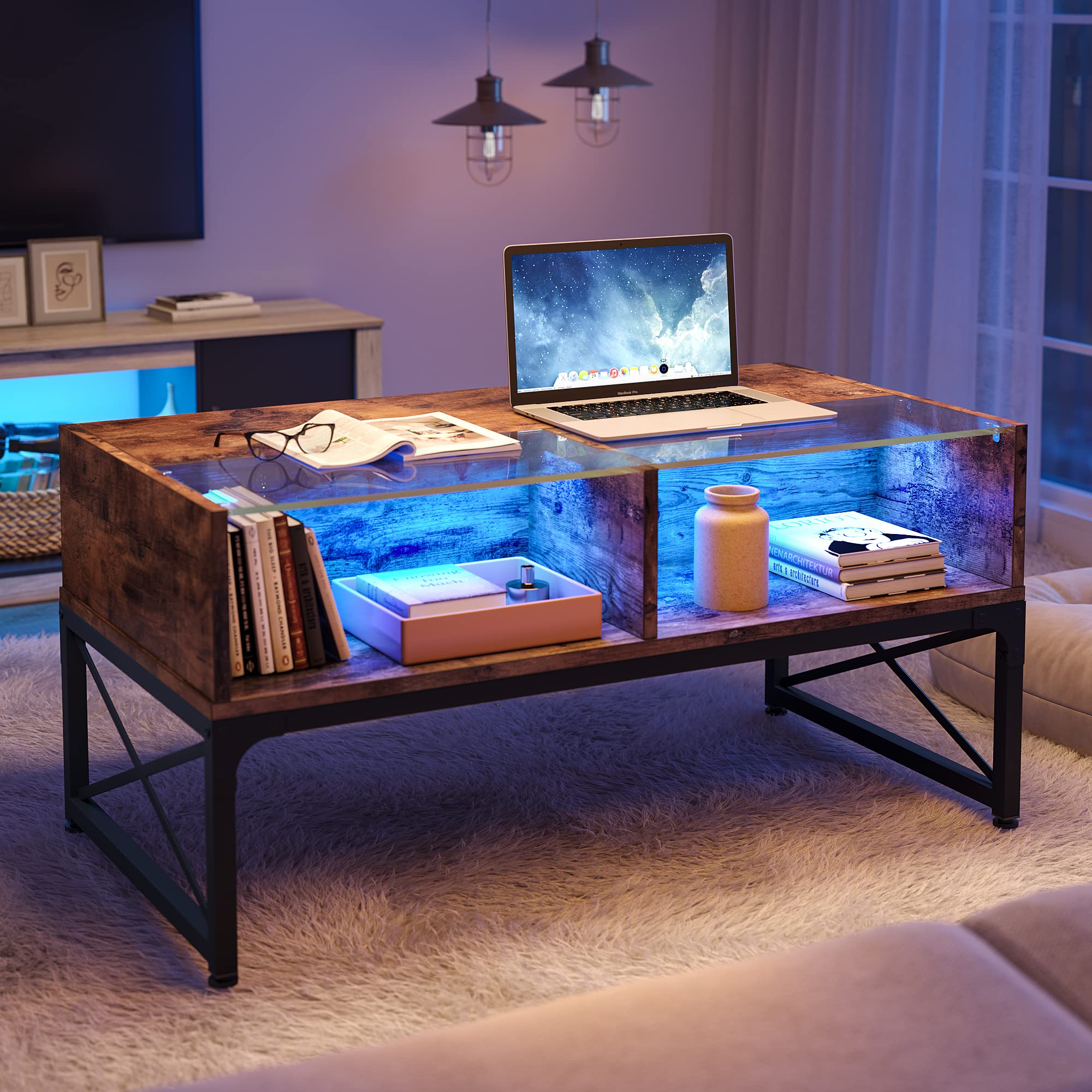 Bestier 42 Inch LED Coffee Table with Storage - Modern Farmhouse Style Wooden Center Table for Living Room, Home Office & Gaming | Rustic Brown Finish | Perfect for Entertaining, Remote Work & Game Nights