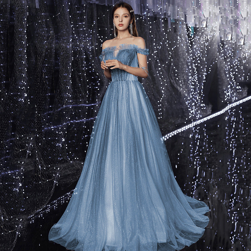Elegant Off Shoulder Shiny Blue Tulle Prom Dress - A-Line Long Formal Evening Gown for Homecoming, Wedding, Ball & Special Occasions | Style 638