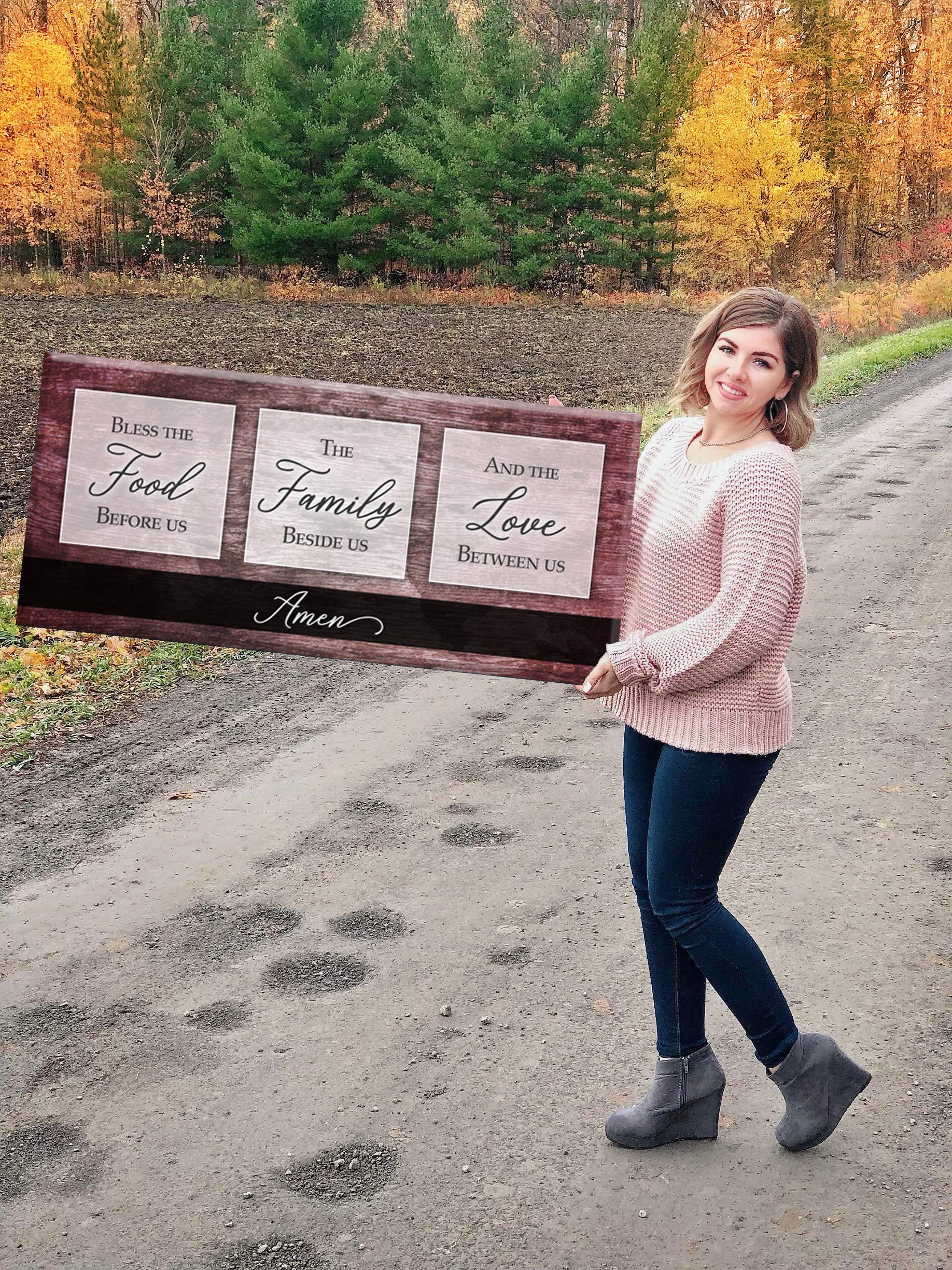 Framed Kitchen Wall Art Sign - Bless the Food V2 (Red Wine) 60x27 Inch - Rustic Dining Room Decor for Farmhouse & Modern Homes - Perfect for Kitchens, Dining Areas & Entryways