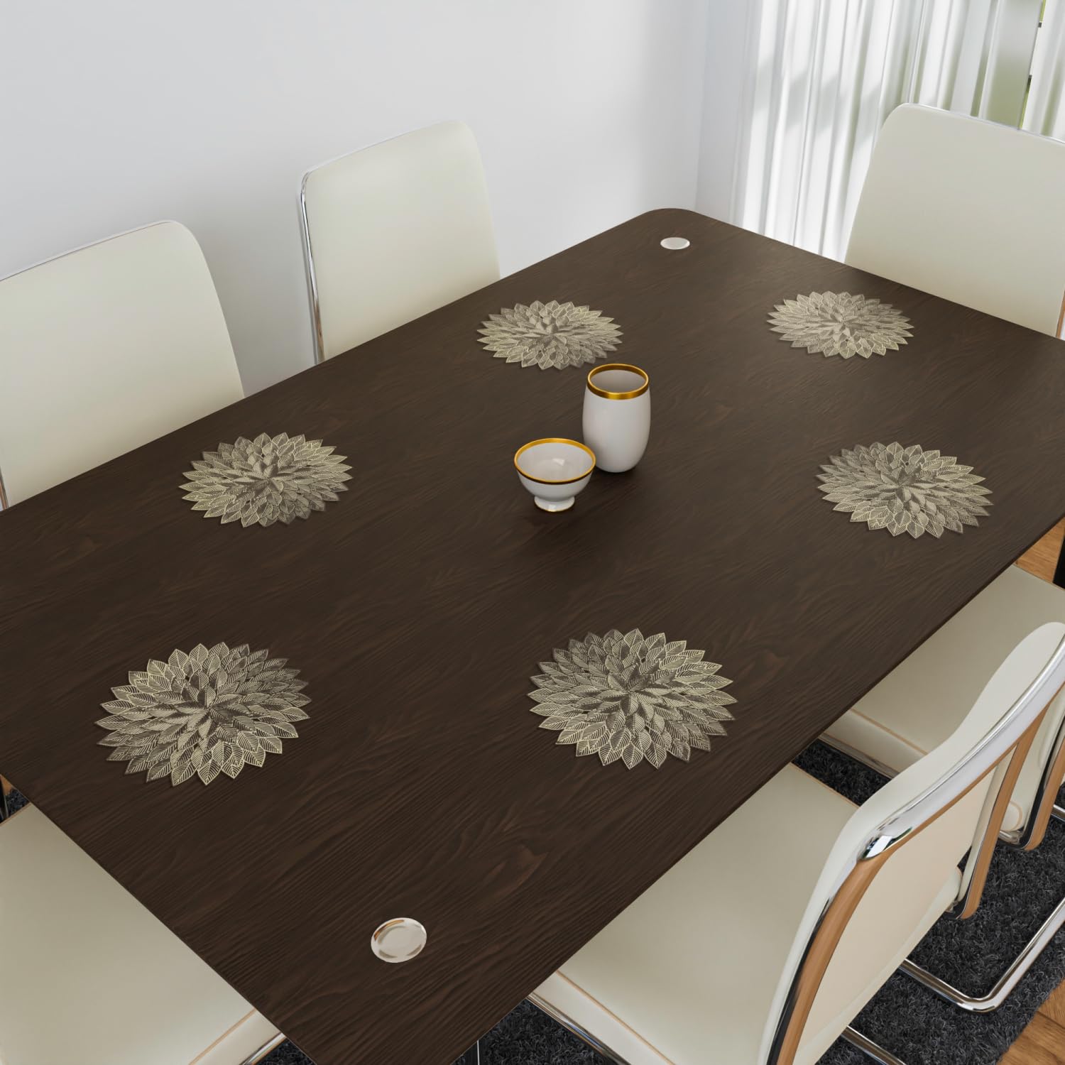 Kuber Industries Designer Round Flower Placemat Set - 4 Piece Golden Table Mats for Dining Room, Side Tables, and Home Decor